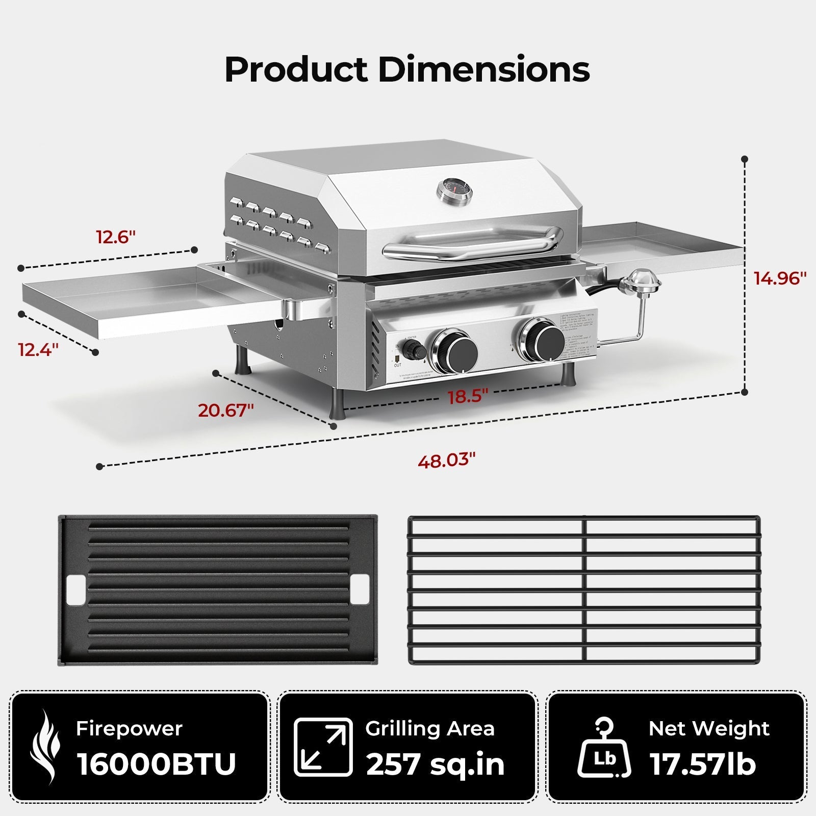 R.W.FLAME 16,000 BTU Dual-Burner Tabletop Gas Grill Stainless Steel with Dual Storage Side Platforms