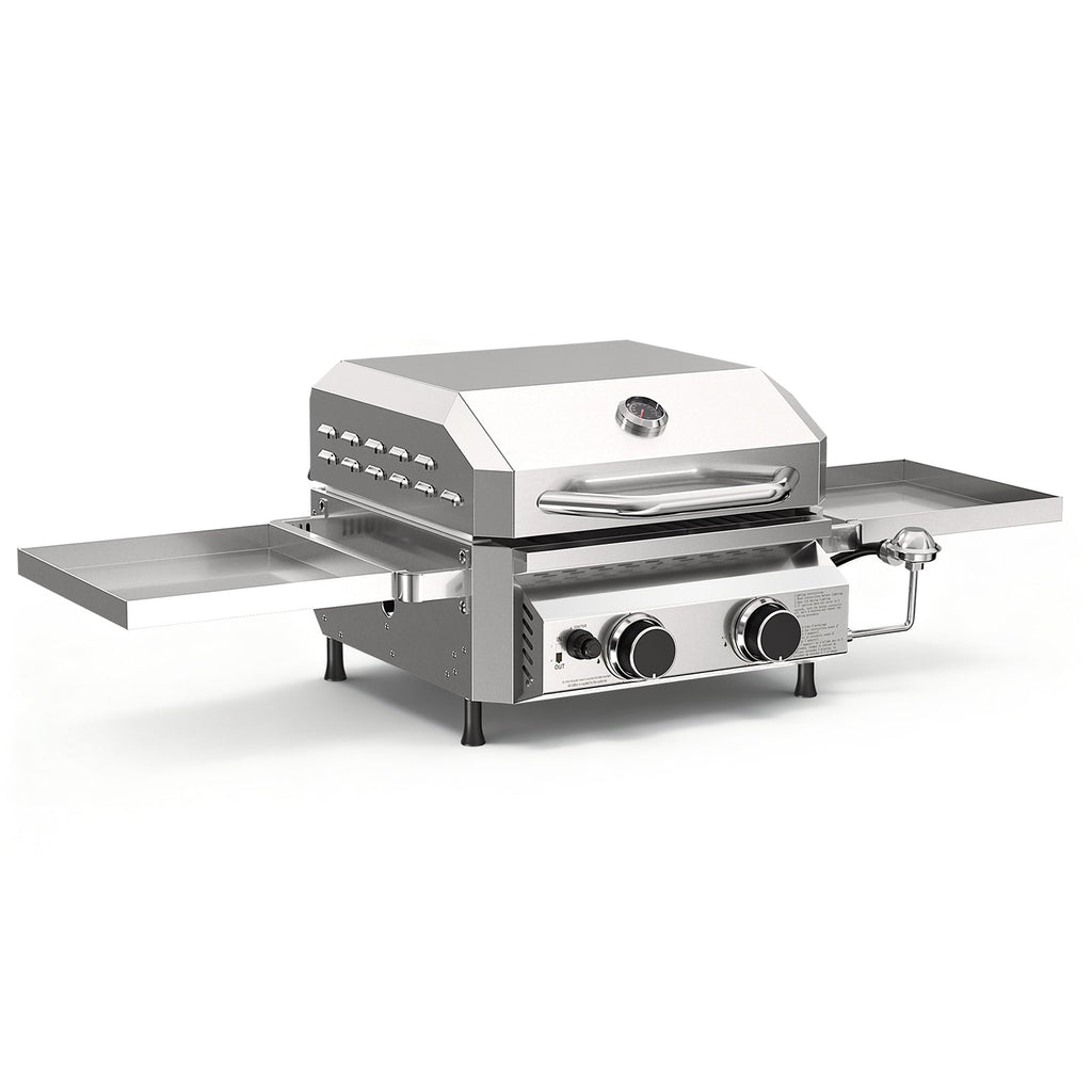 R.W.FLAME 16,000 BTU Dual-Burner Tabletop Gas Grill Stainless Steel with Dual Storage Side Platforms