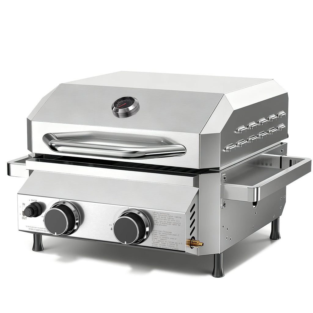 R.W.FLAME 16,000 BTU Dual-Burner Tabletop Gas Grill Stainless Steel with Dual Storage Side Platforms