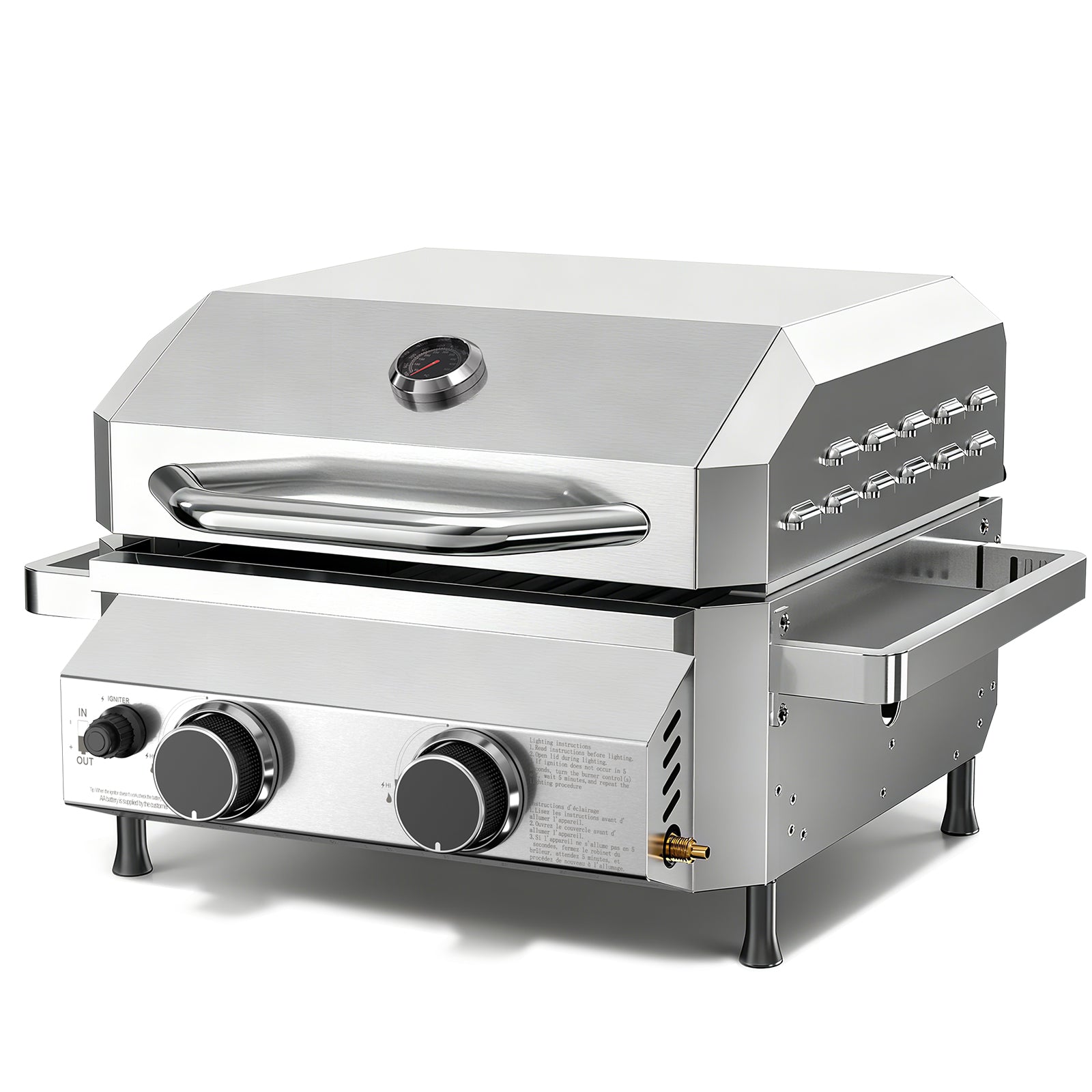 R.W.FLAME 16,000 BTU Dual-Burner Tabletop Gas Grill Stainless Steel with Dual Storage Side Platforms