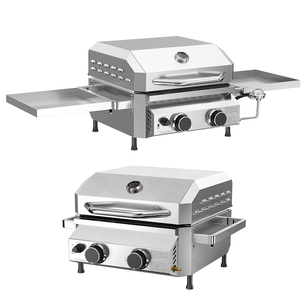 R.W.FLAME 16,000 BTU Dual-Burner Tabletop Gas Grill Stainless Steel with Dual Storage Side Platforms