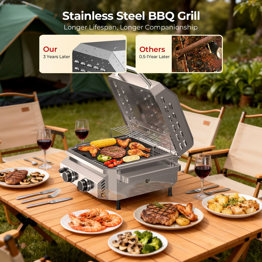 R.W.FLAME 16,000 BTU Dual-Burner Tabletop Gas Grill Stainless Steel with Dual Storage Side Platforms