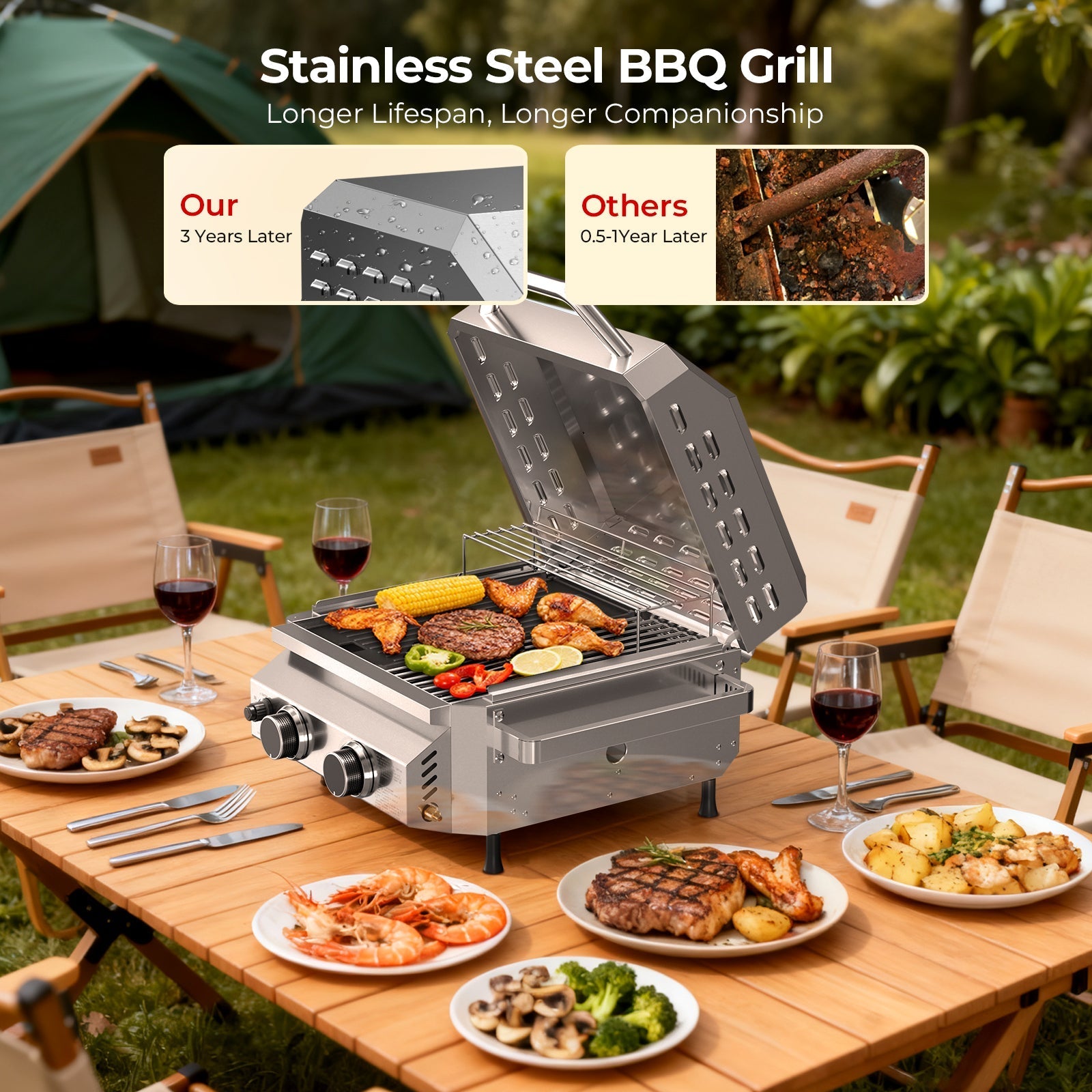 R.W.FLAME 16,000 BTU Dual-Burner Tabletop Gas Grill Stainless Steel with Dual Storage Side Platforms