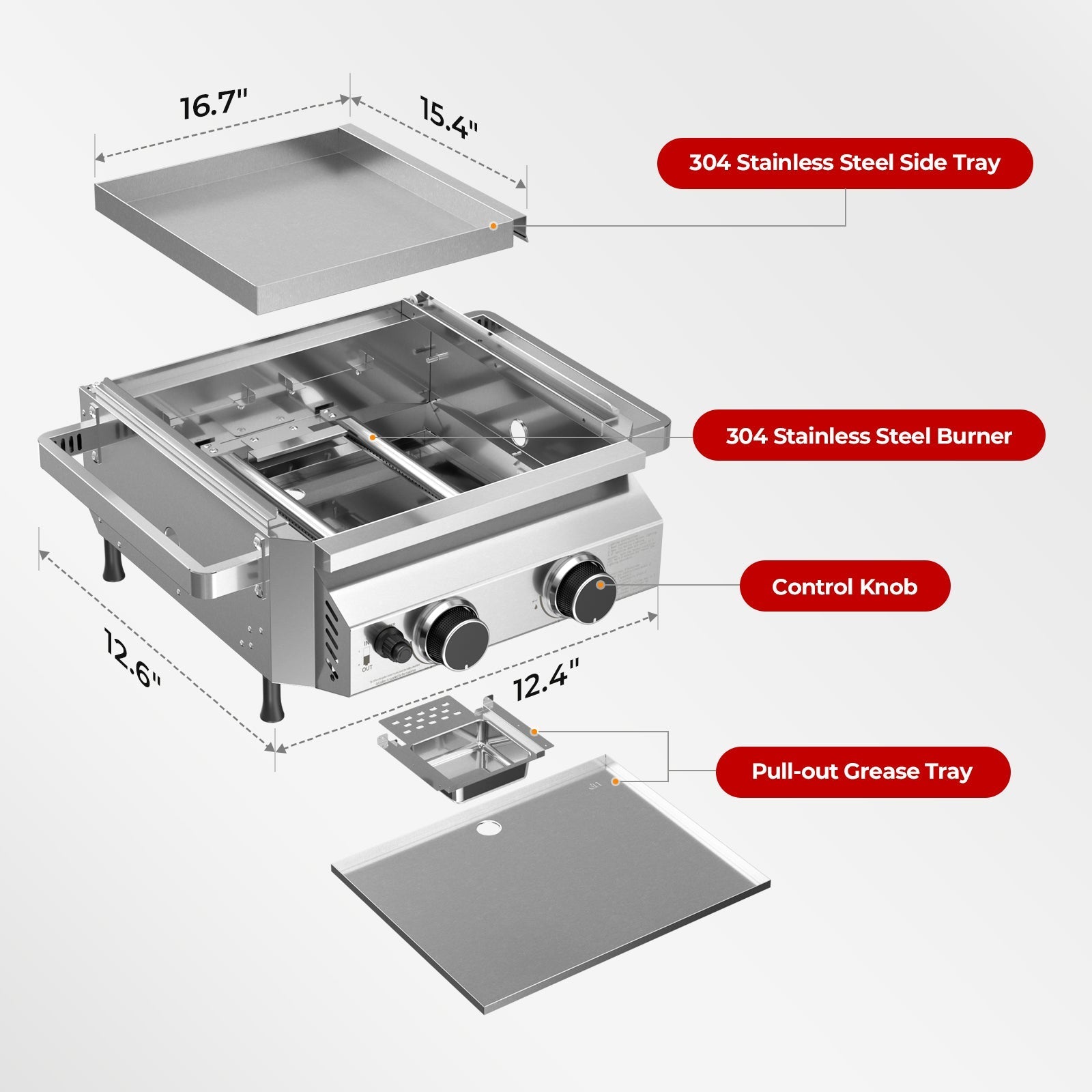 R.W.FLAME 16,000 BTU Dual-Burner Tabletop Gas Grill Stainless Steel with Dual Storage Side Platforms