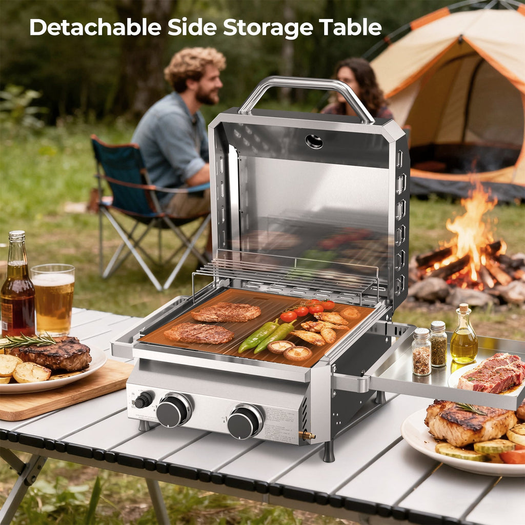 R.W.FLAME 16,000 BTU Dual-Burner Tabletop Gas Grill Stainless Steel with Dual Storage Side Platforms