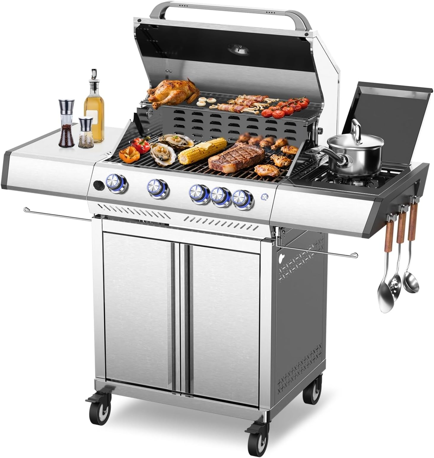 4-Burner Propane Gas Grill 304 Stainless Steel 42000 BTU with Side Burner