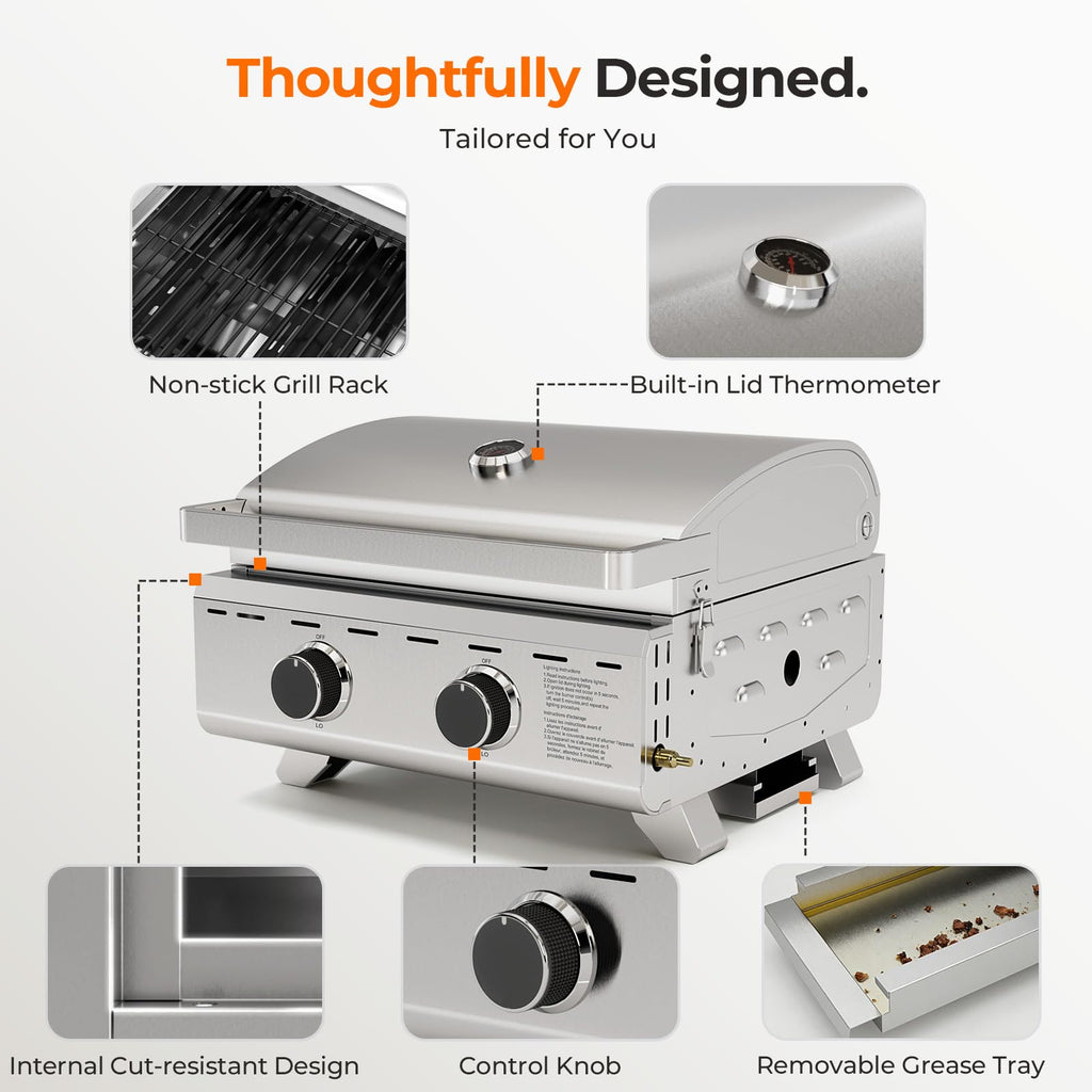 2-Burner Tabletop Propane Gas Grill Stainless Steel 16000 BTU with Foldable Legs