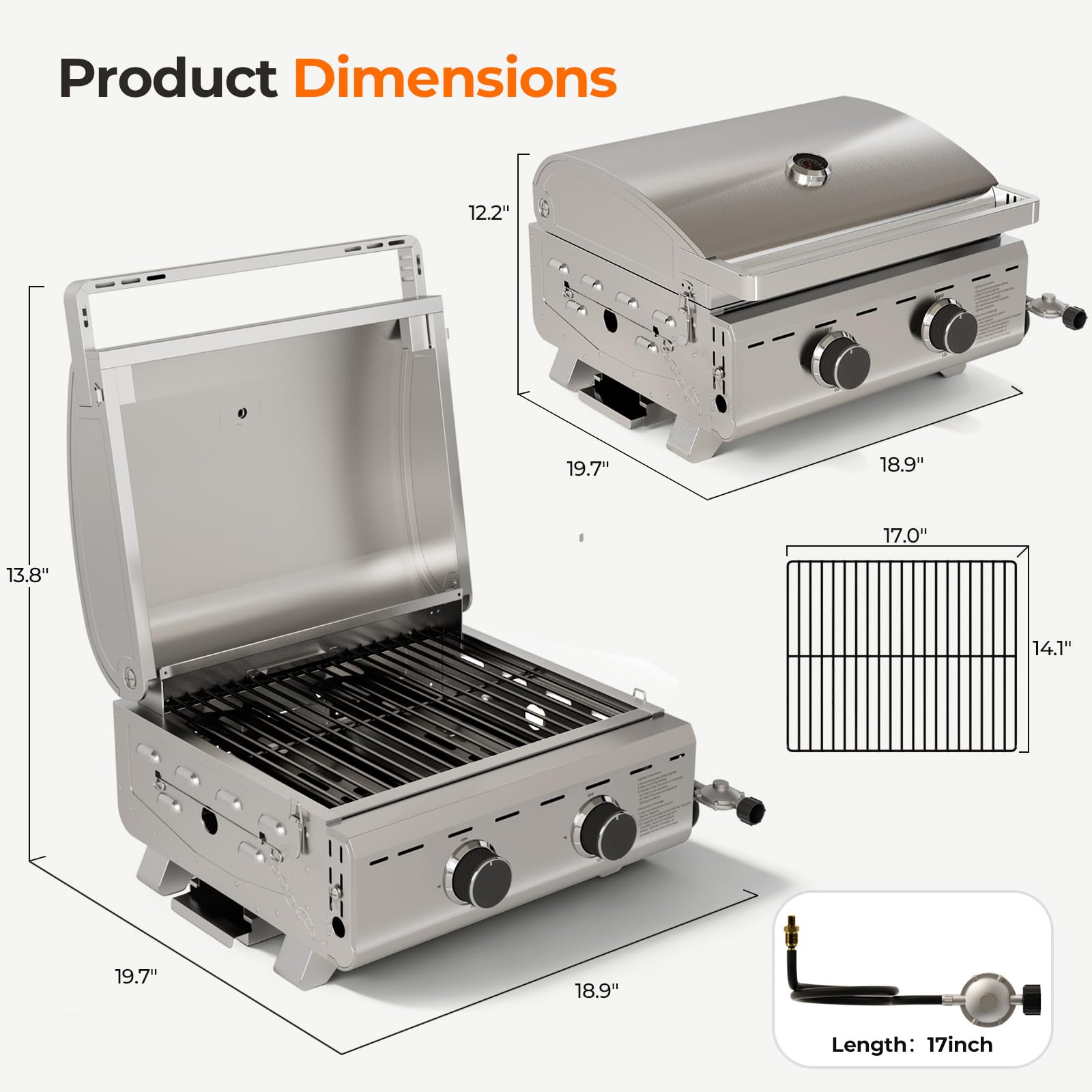 2-Burner Tabletop Propane Gas Grill Stainless Steel 16000 BTU with Foldable Legs