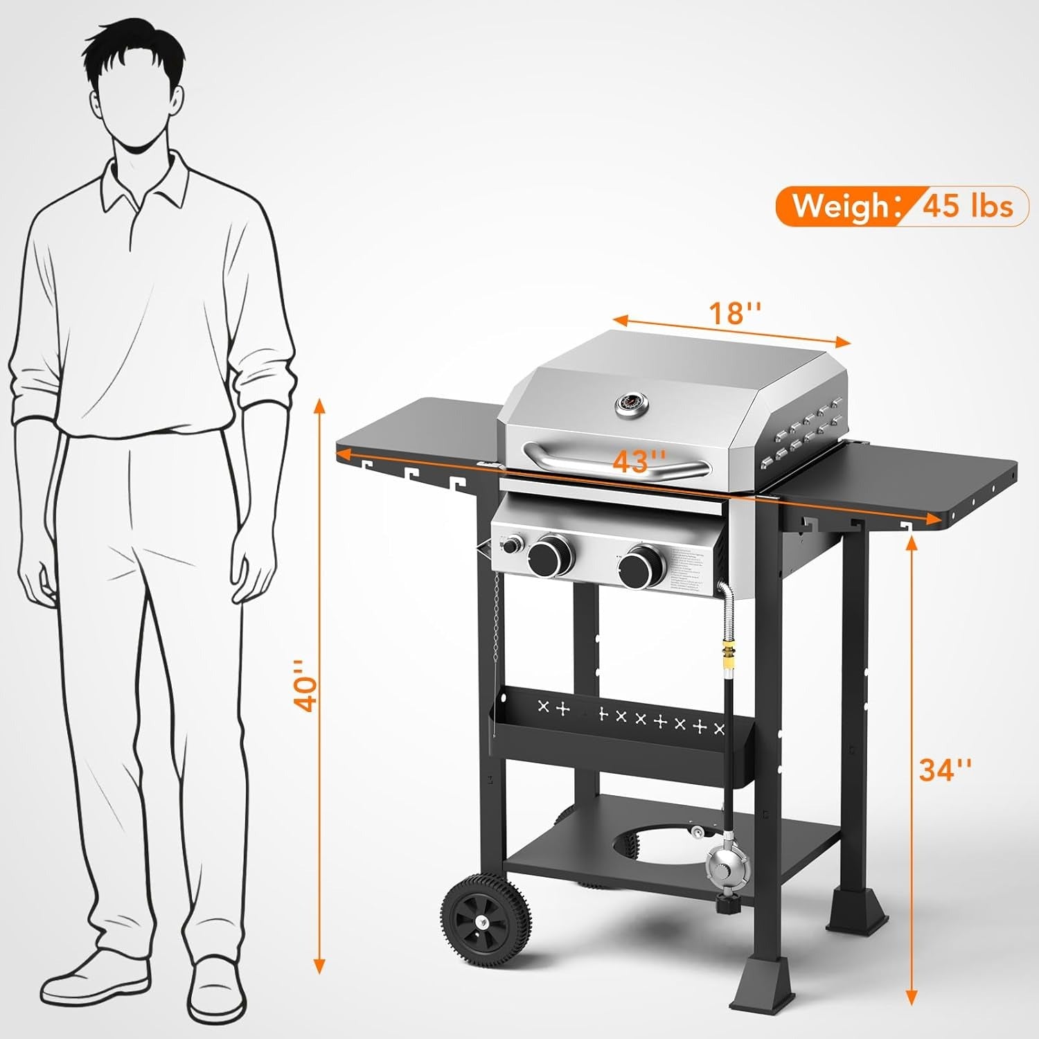 2-Burner Stainless Steel Propane Gas Grill 16000 BTU with Side Storage Shelves