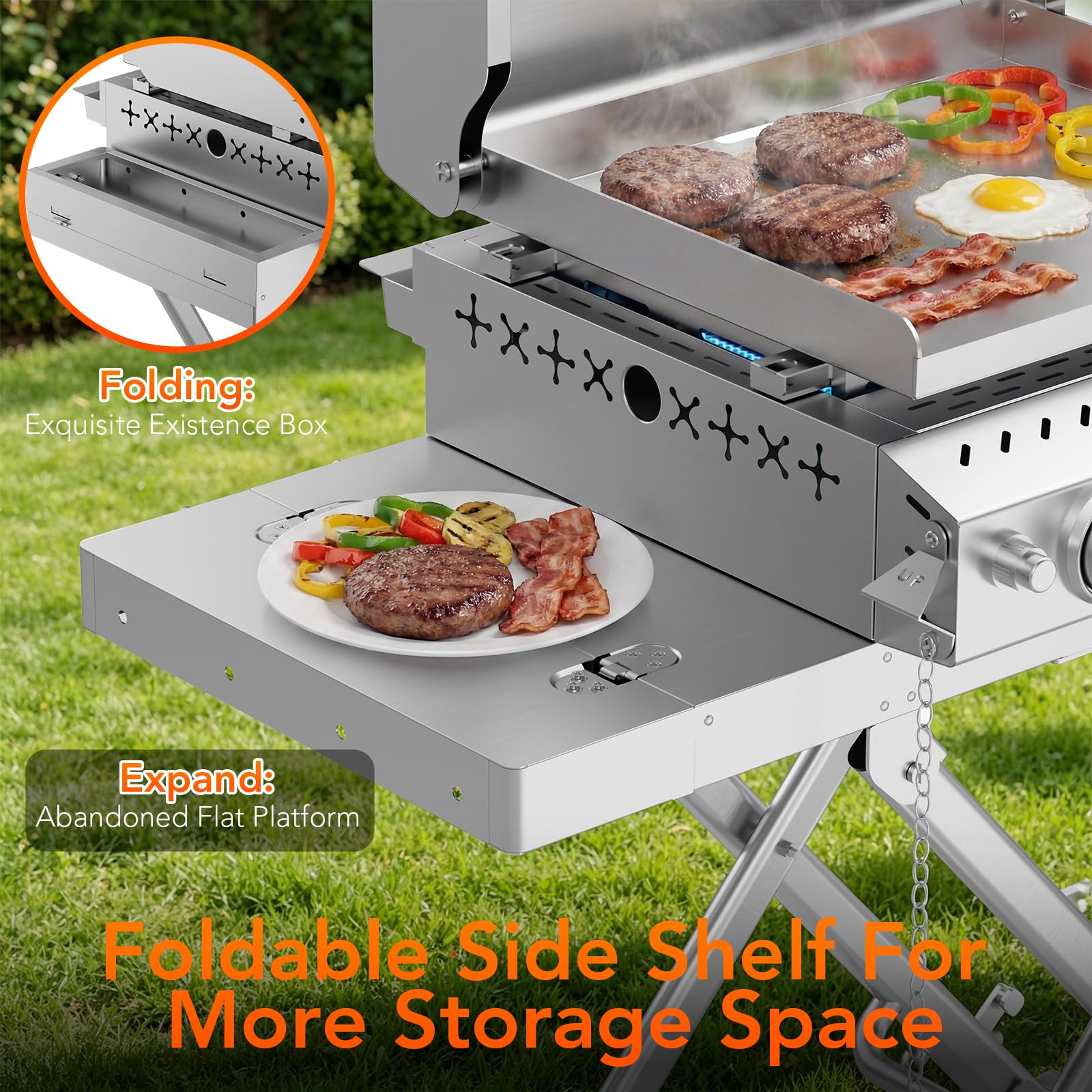 3-Burner Propane Gas Griddle SUS304 Stainless Steel 24000 BTU with Collapsible Stand