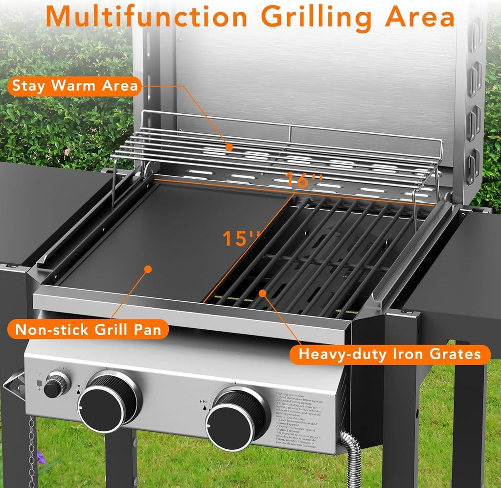 2-Burner Stainless Steel Propane Gas Grill 16000 BTU with Side Storage Shelves
