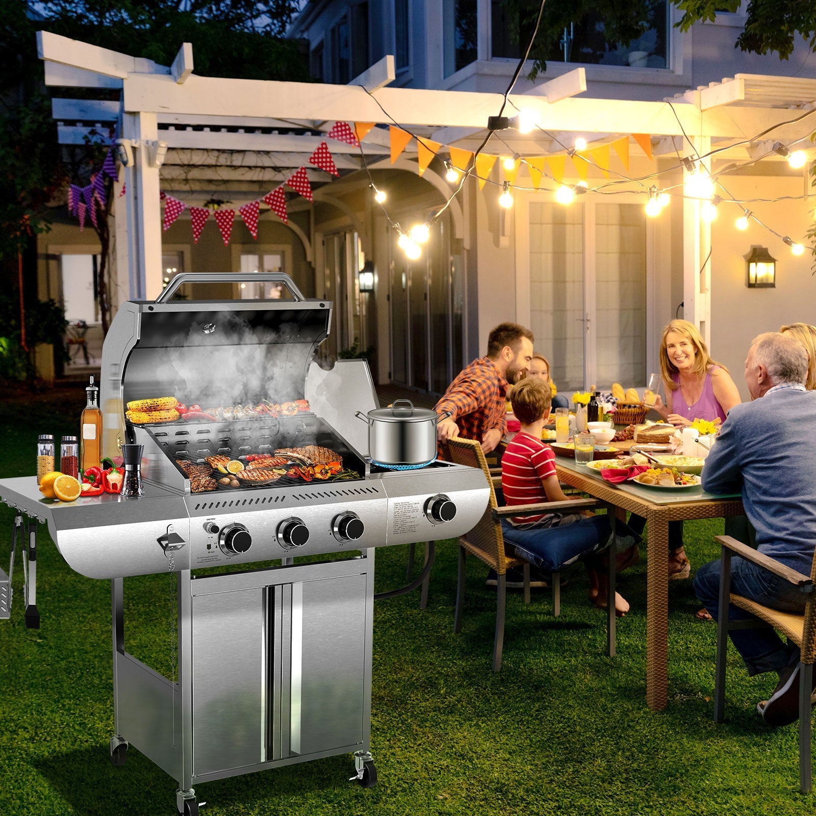 3-Burner Propane Gas Grill Stainless Steel 34000BTU with Side Burner
