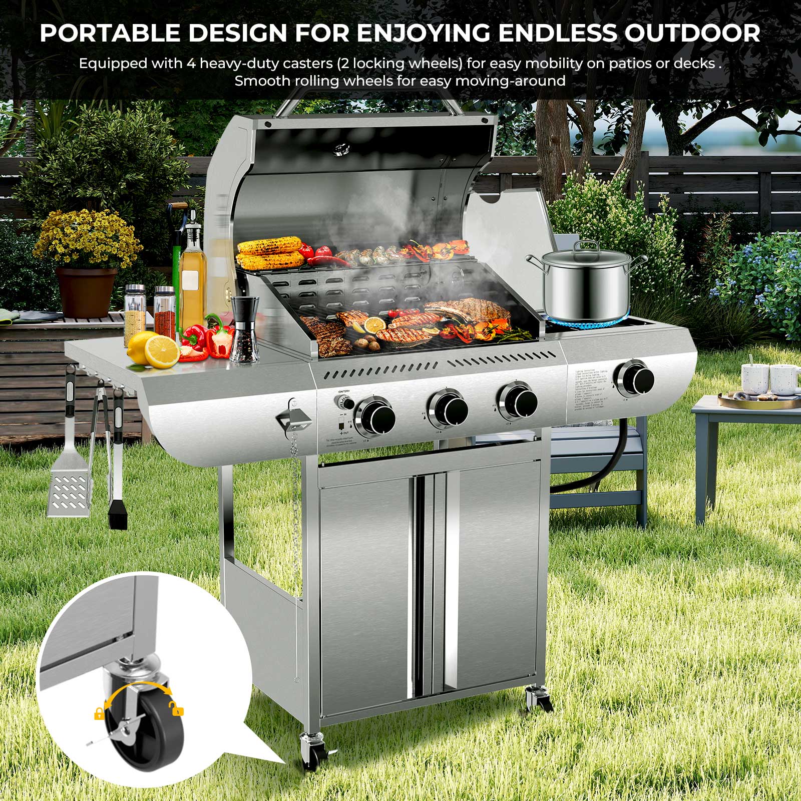 3-Burner Propane Gas Grill Stainless Steel 34000BTU with Side Burner