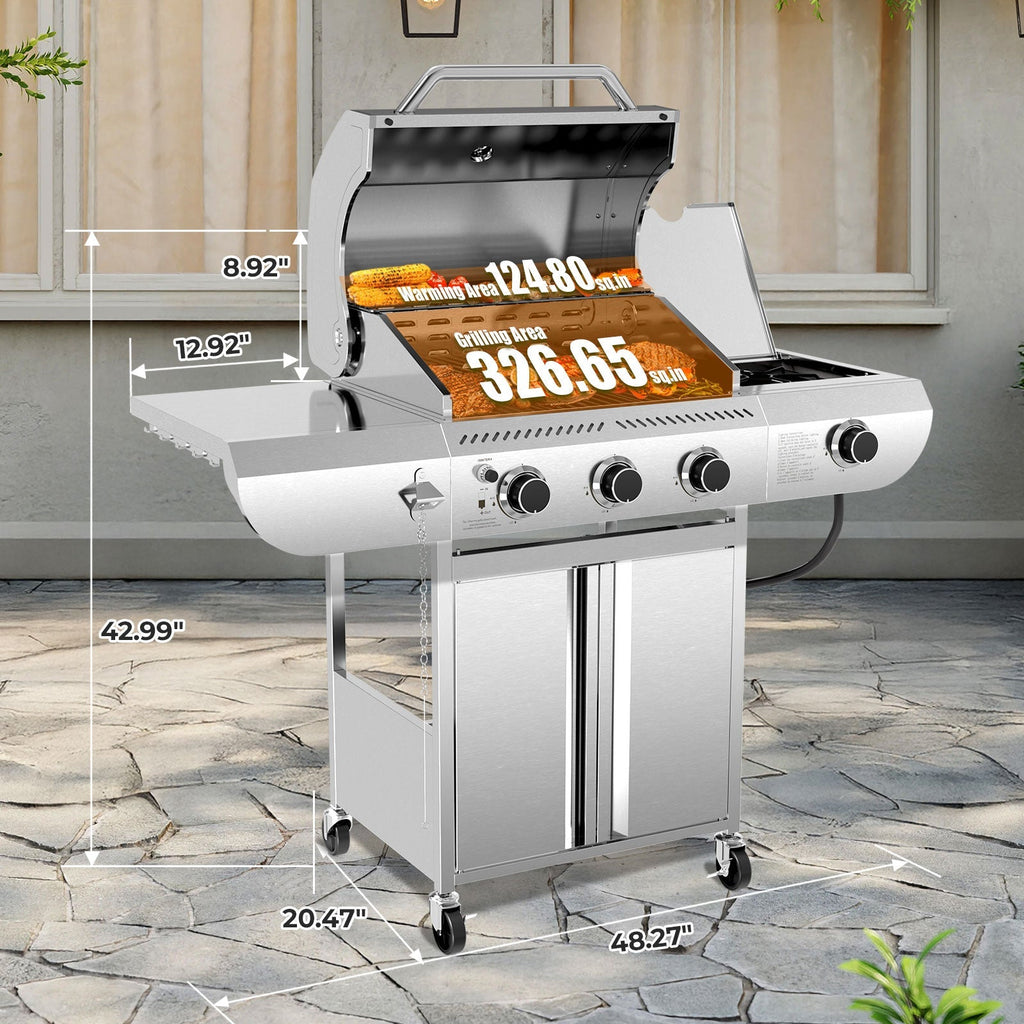 3-Burner Propane Gas Grill Stainless Steel 34000BTU with Side Burner
