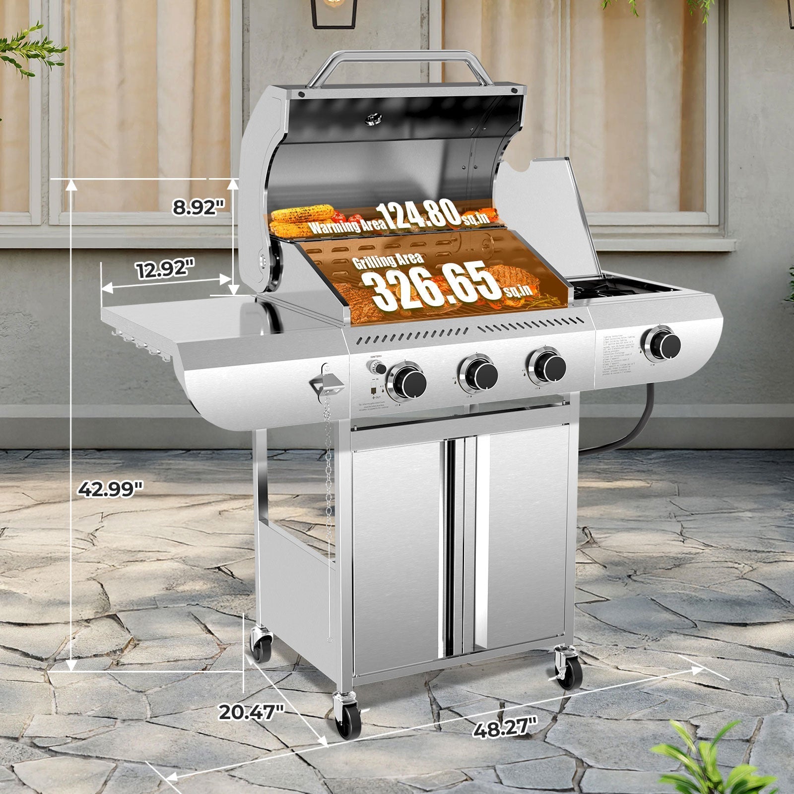 3-Burner Propane Gas Grill Stainless Steel 34000BTU with Side Burner