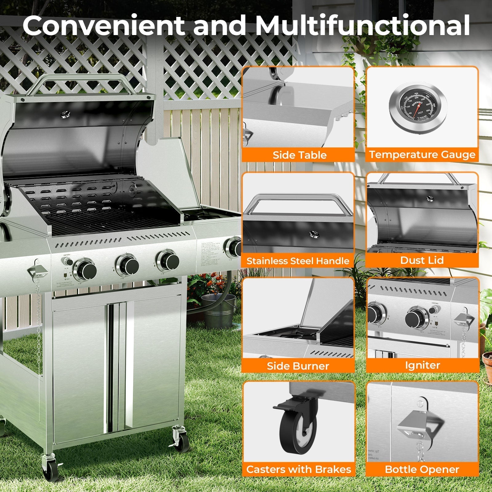3-Burner Propane Gas Grill Stainless Steel 34000BTU with Side Burner