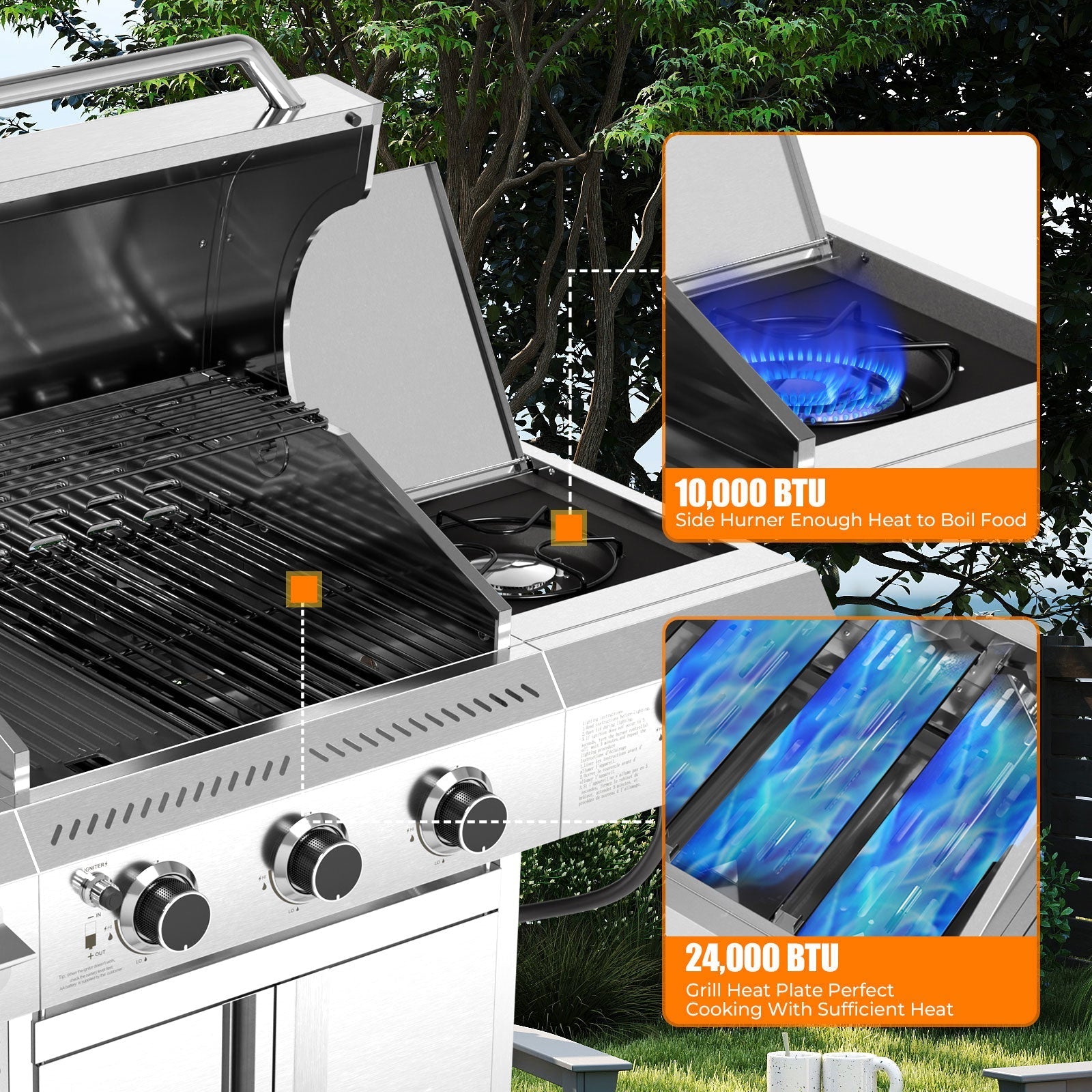 3-Burner Propane Gas Grill Stainless Steel 34000BTU with Side Burner