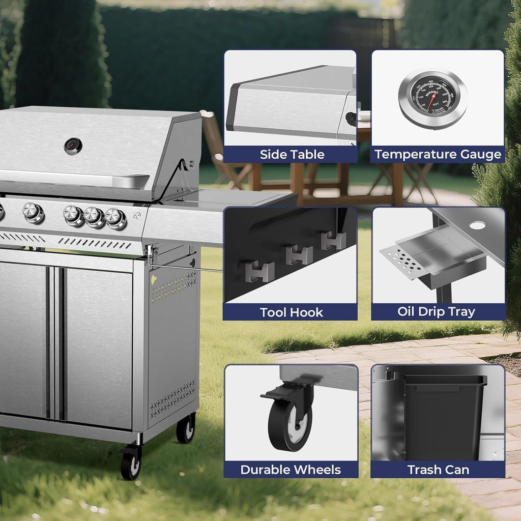 4-Burner Propane Gas Grill 304 Stainless Steel 42000 BTU with Side Burner