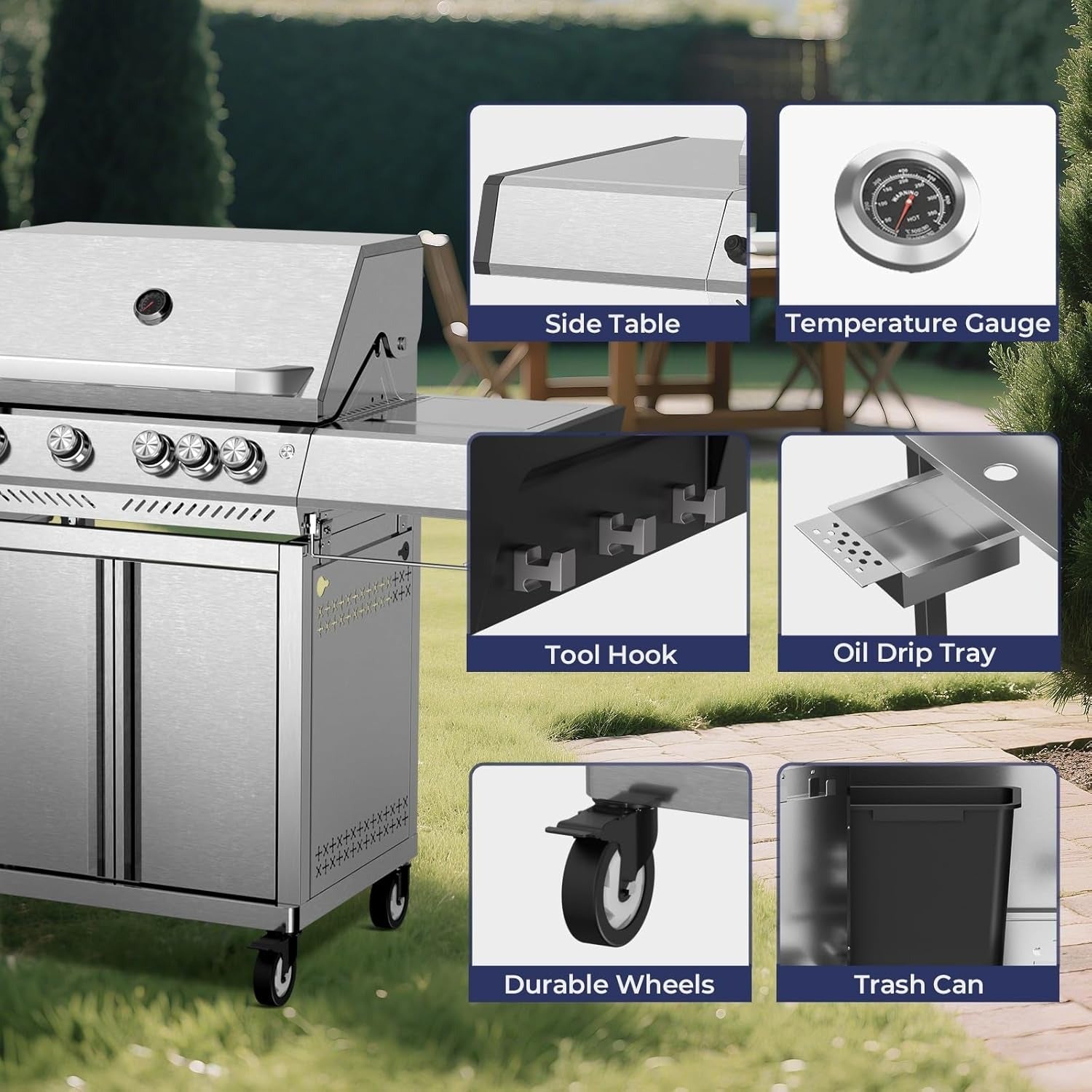 4-Burner Propane Gas Grill 304 Stainless Steel 42000 BTU with Side Burner