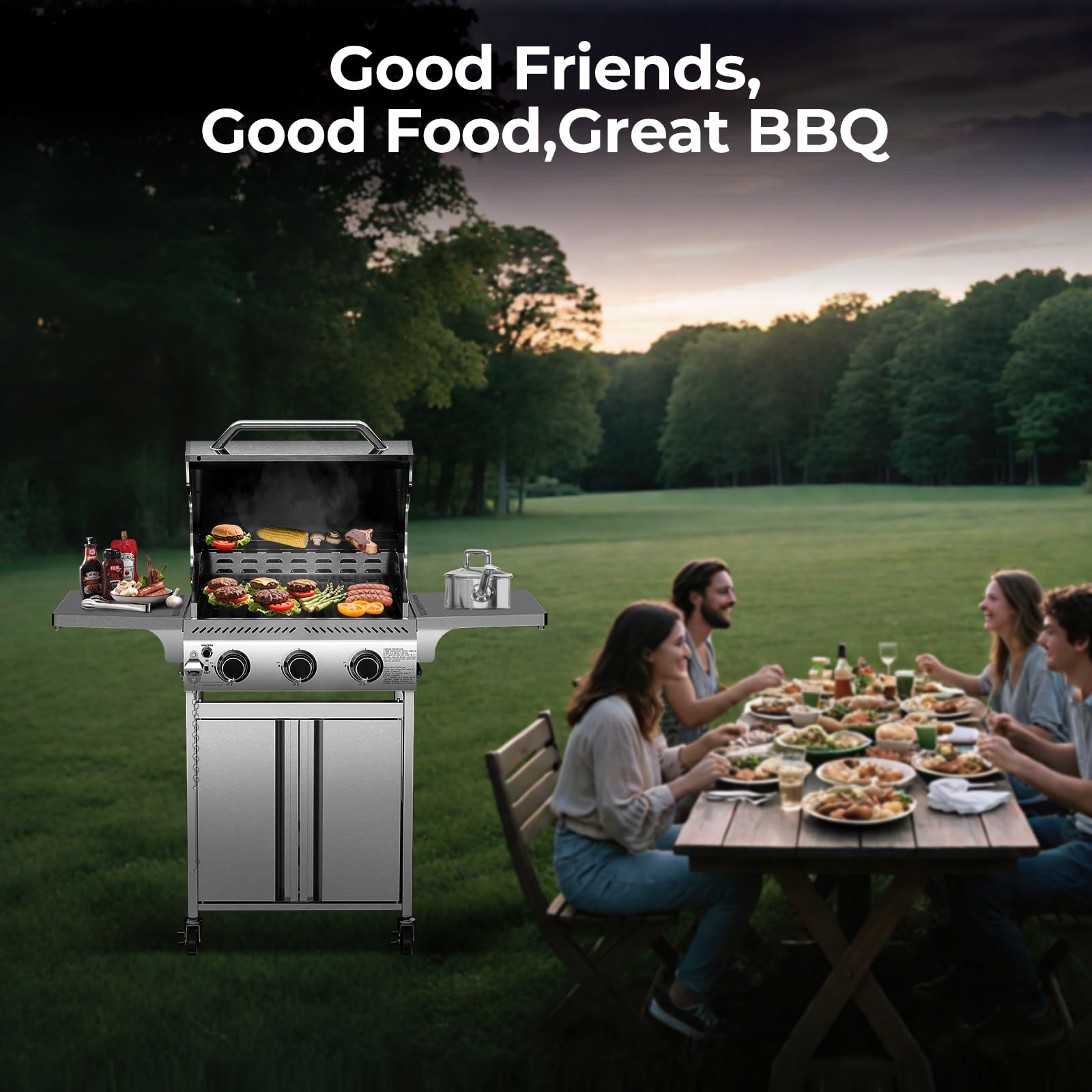 3-Burner Propane Gas Grill Stainless Steel 24000 BTU with Folding Side Tables