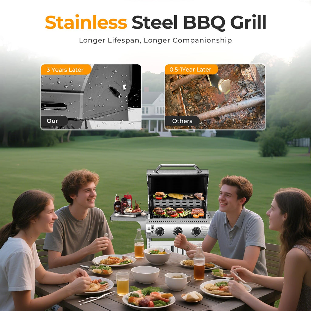 3-Burner Propane Gas Grill Stainless Steel 24000 BTU with Folding Side Tables