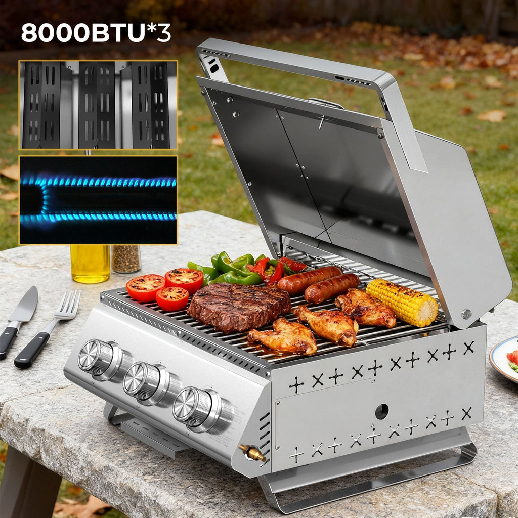 3-Burner Tabletop Propane Gas Grill 304 Stainless Steel 24000 BTU for Parties Camping RV