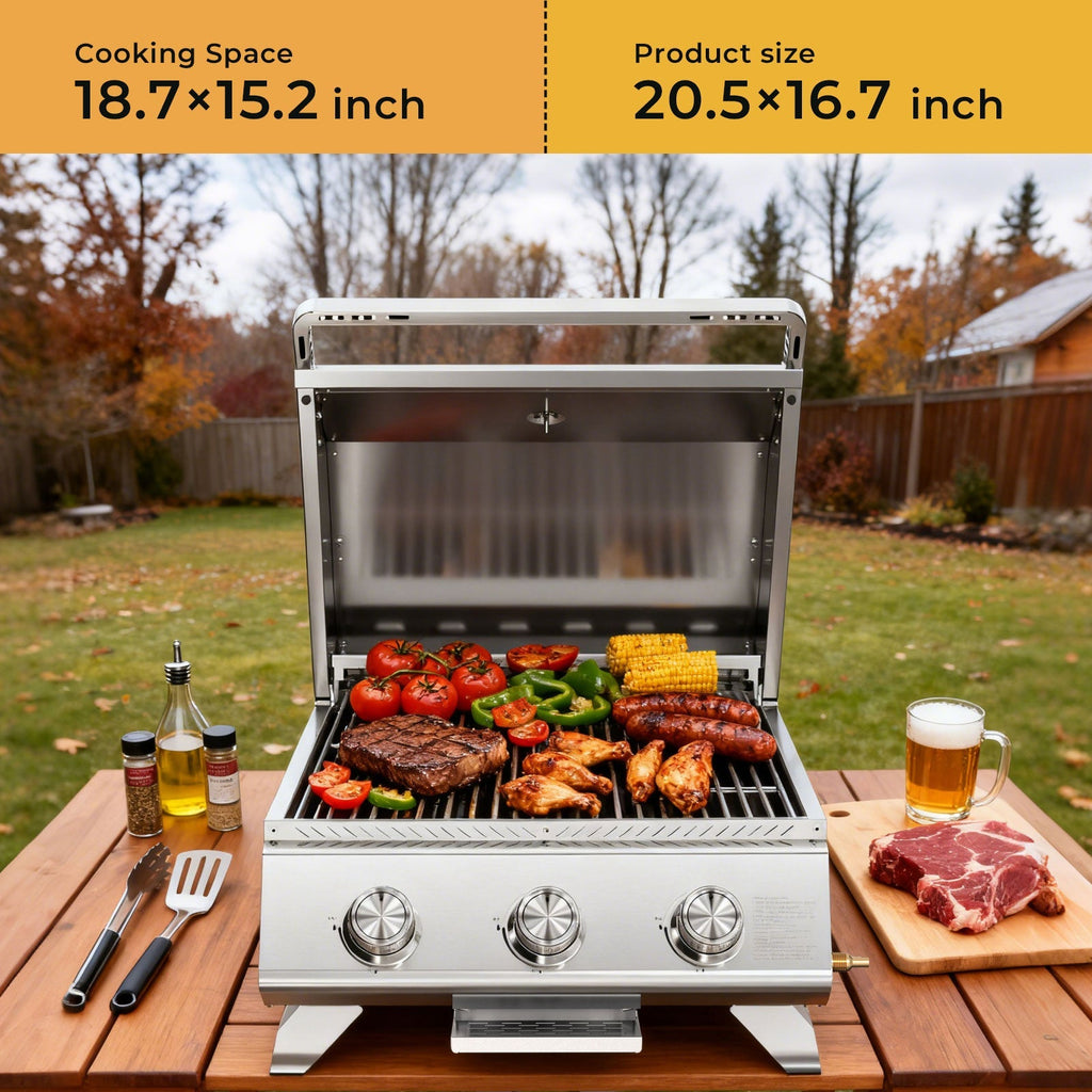 3-Burner Tabletop Propane Gas Grill 304 Stainless Steel 24000 BTU for Parties Camping RV