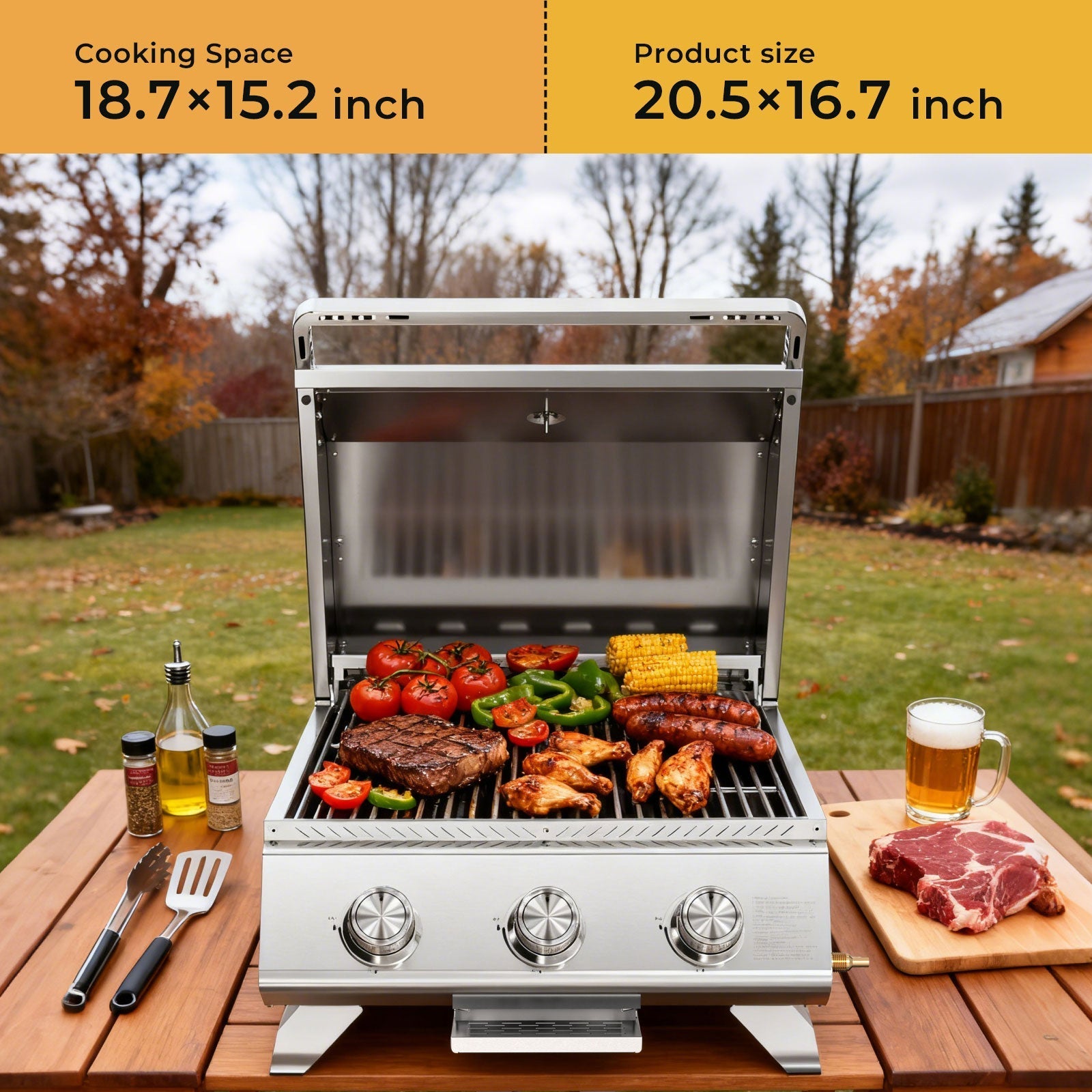 3-Burner Tabletop Propane Gas Grill 304 Stainless Steel 24000 BTU for Parties Camping RV