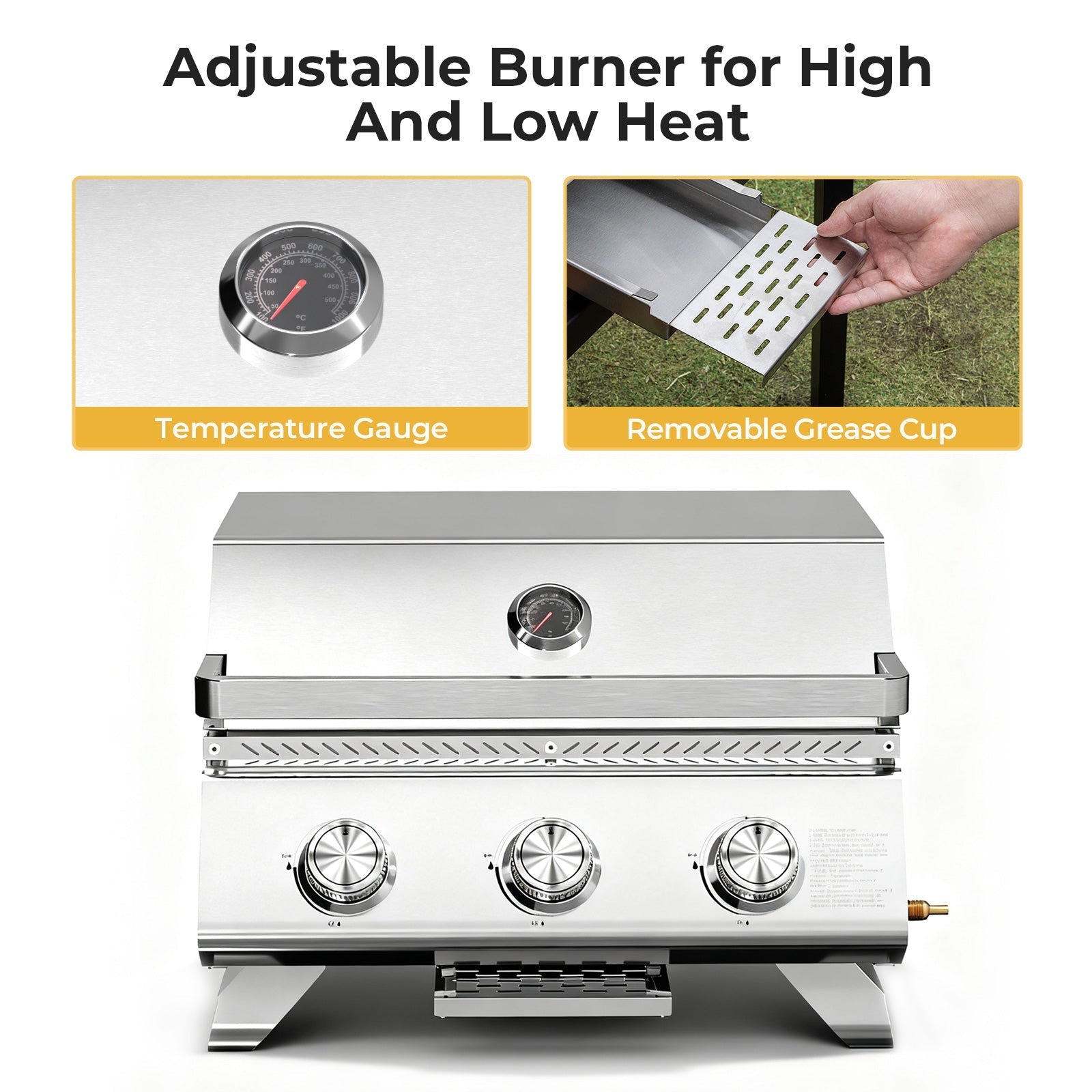 3-Burner Tabletop Propane Gas Grill 304 Stainless Steel 24000 BTU for Parties Camping RV