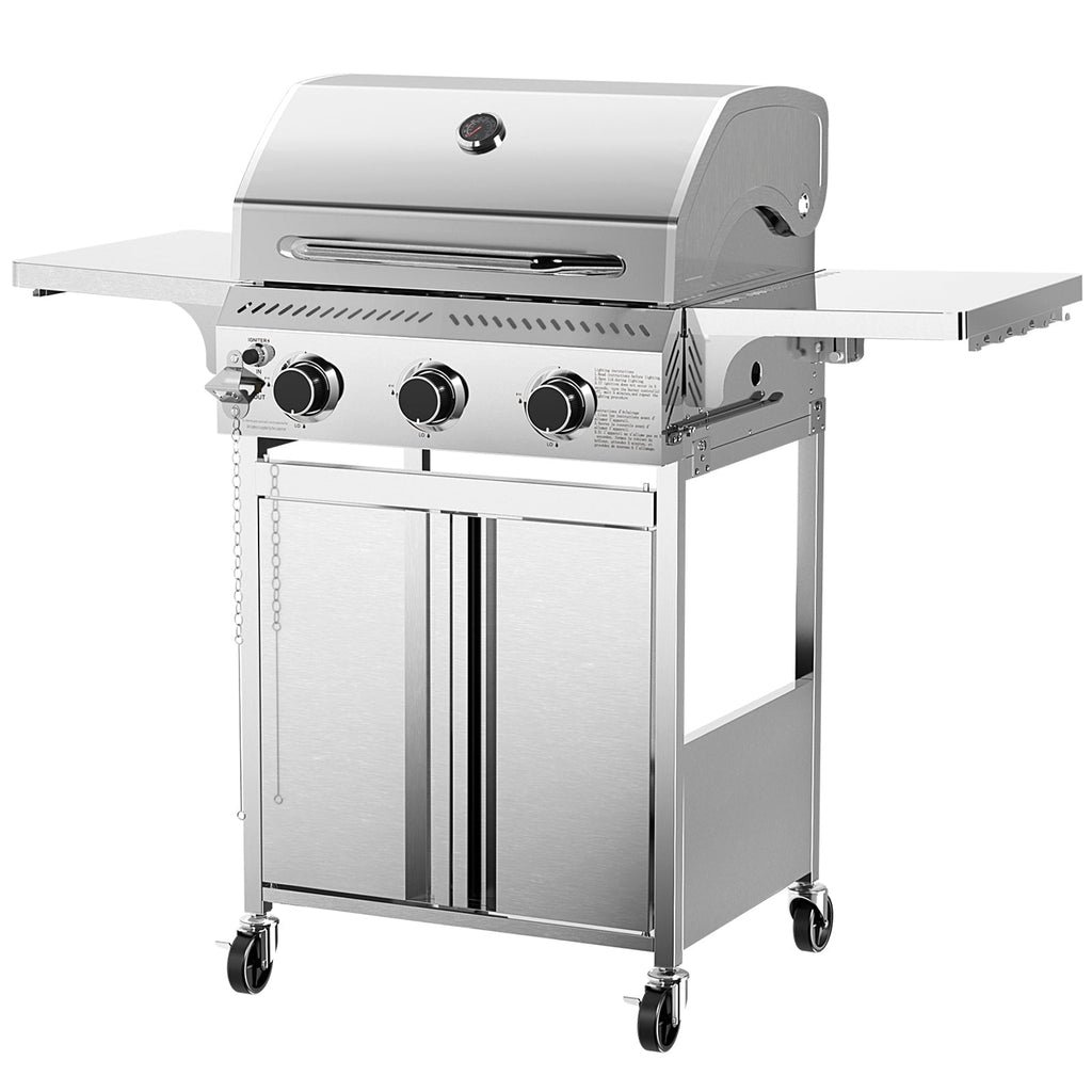3-Burner Propane Gas Grill Stainless Steel 24000 BTU with Folding Side Tables
