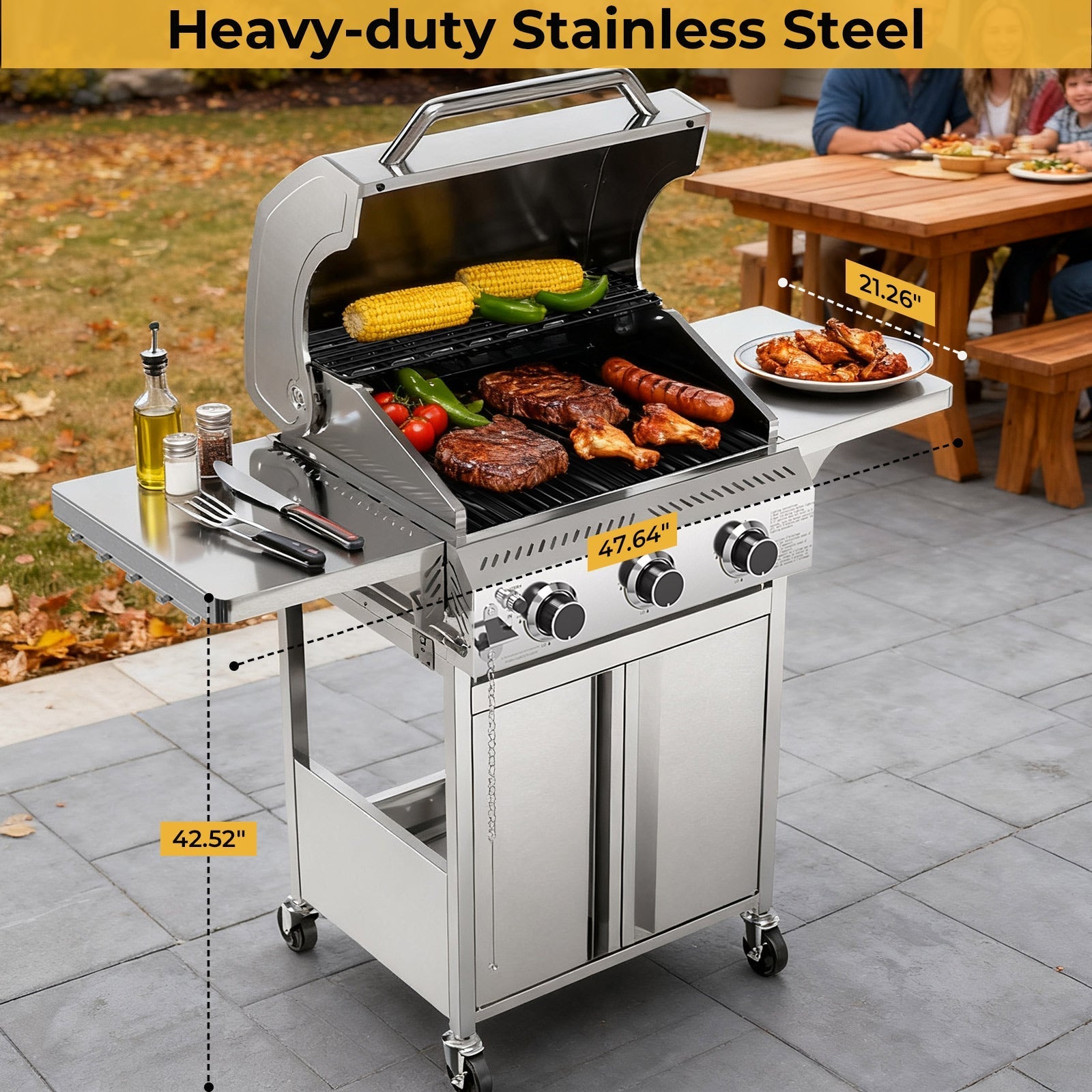 3-Burner Propane Gas Grill Stainless Steel 24000 BTU with Folding Side Tables