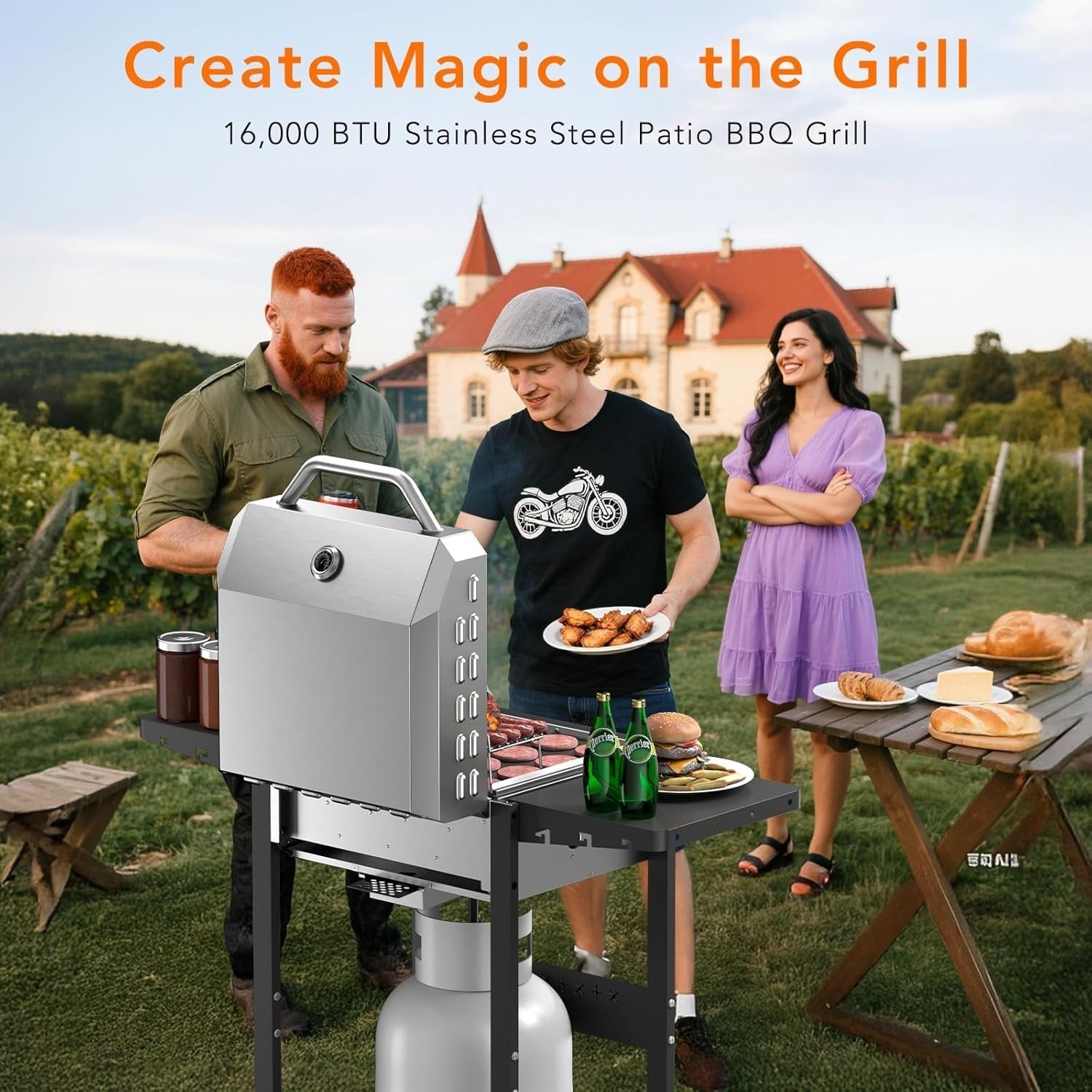 2-Burner Stainless Steel Propane Gas Grill 16000 BTU with Side Storage Shelves