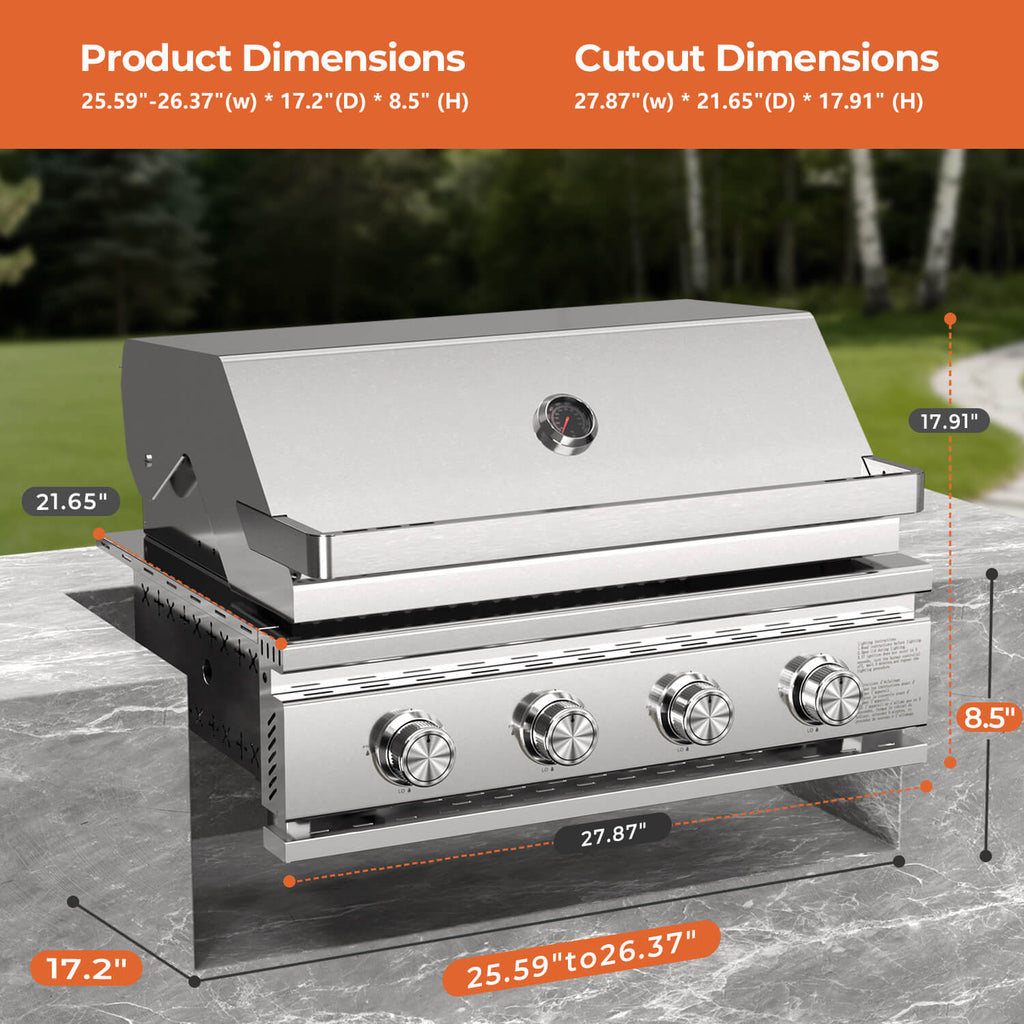 28 Inch Built-In 4-Burner Propane Gas Grill ALL-Thickened 304 Stainless Steel 32000 BTU