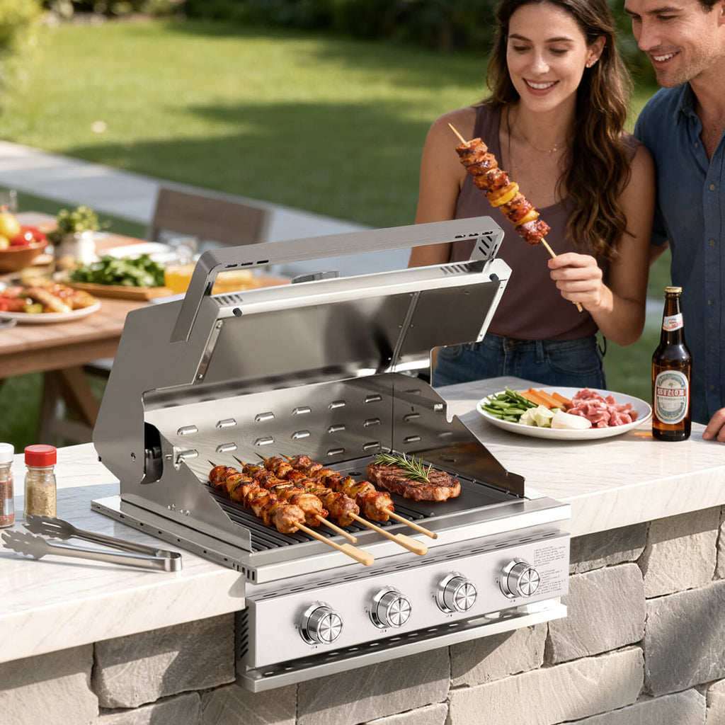 28 Inch Built-In 4-Burner Propane Gas Grill ALL-Thickened 304 Stainless Steel 32000 BTU