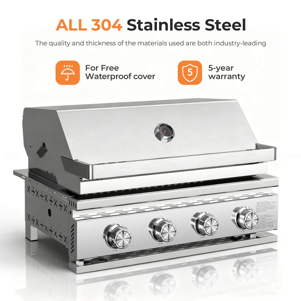 28 Inch Built-In 4-Burner Propane Gas Grill ALL-Thickened 304 Stainless Steel 32000 BTU
