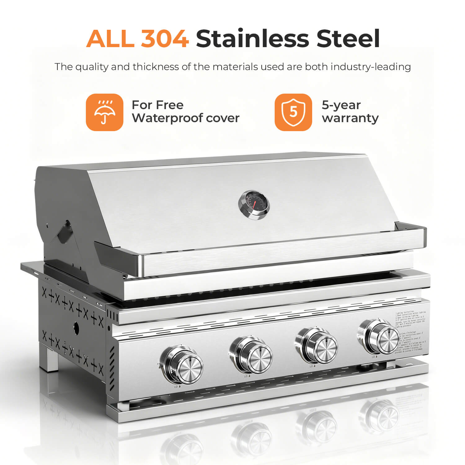 28 Inch Built-In 4-Burner Propane Gas Grill ALL-Thickened 304 Stainless Steel 32000 BTU