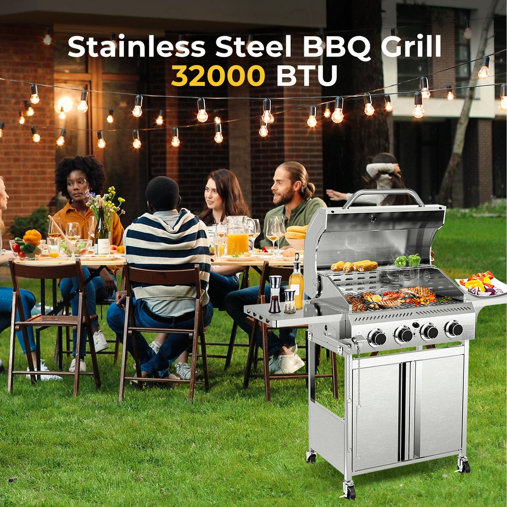 4-Burner Propane Gas Grill Stainless Steel 32000BTU with Folding Side Tables