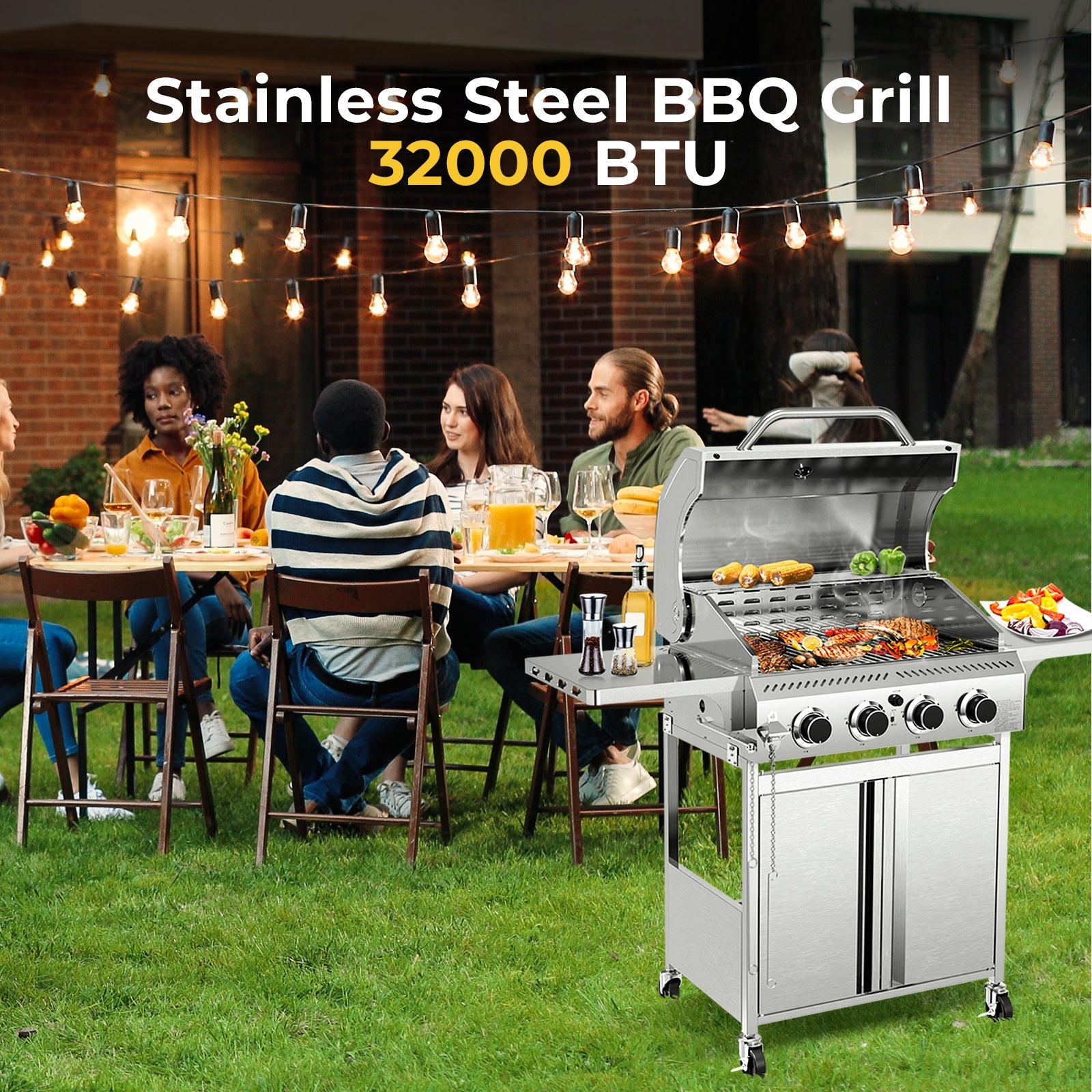 4-Burner Propane Gas Grill Stainless Steel 32000BTU with Folding Side Tables