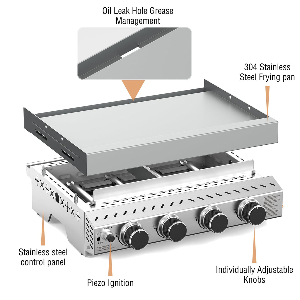 R.W.FLAME 4 Burners 32000BTU Tabletop Stainless Steel Gas Grill with handle