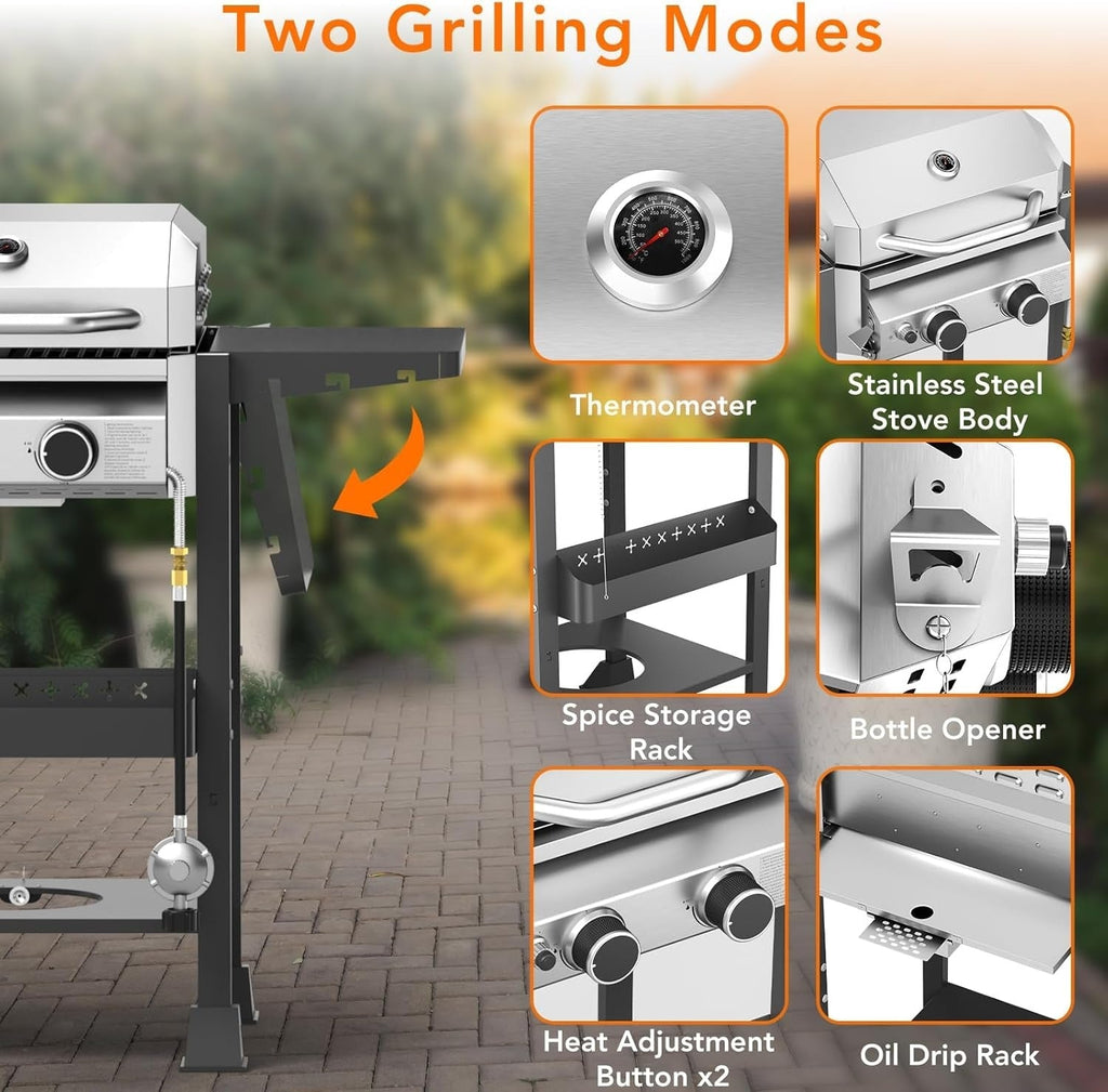 2-Burner Stainless Steel Propane Gas Grill 16000 BTU with Side Storage Shelves