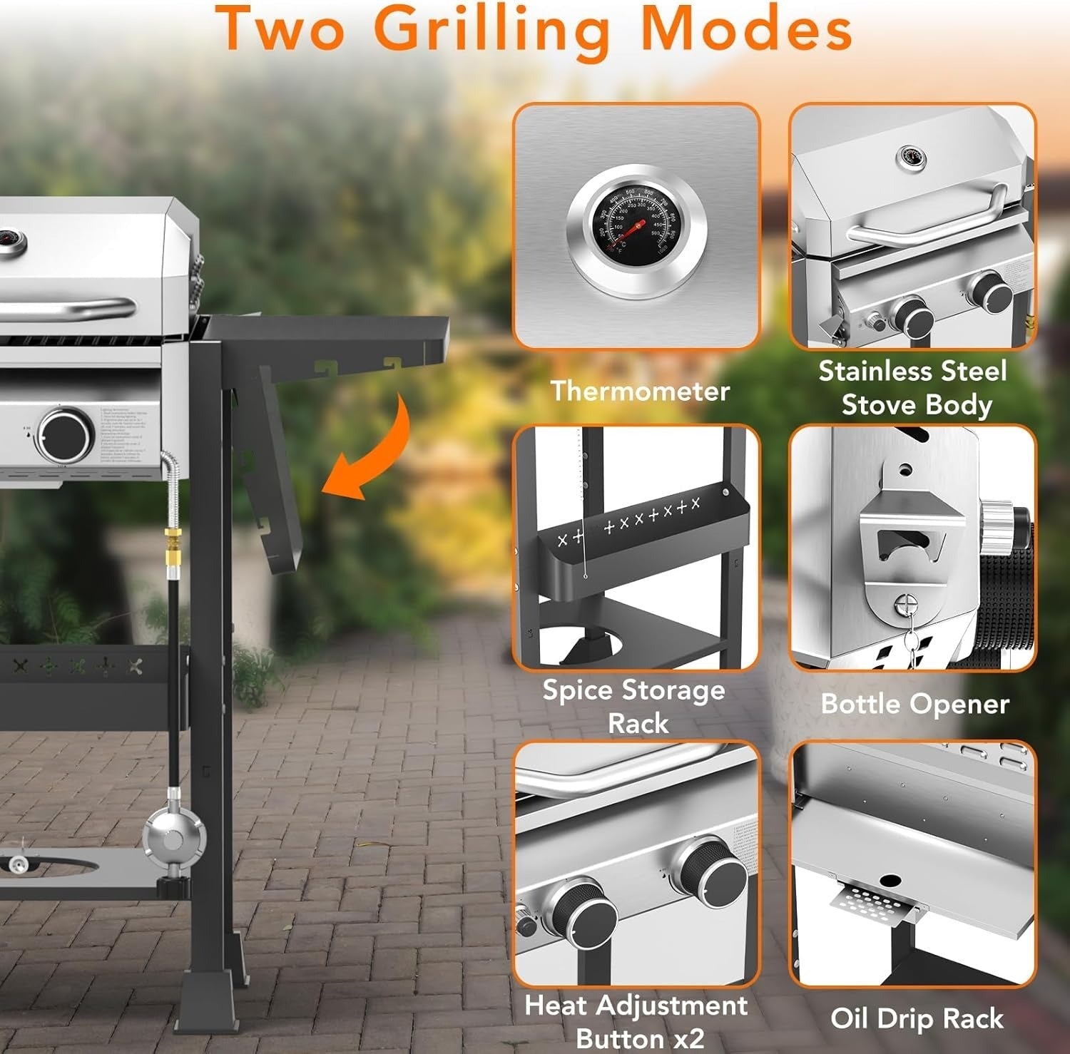 2-Burner Stainless Steel Propane Gas Grill 16000 BTU with Side Storage Shelves