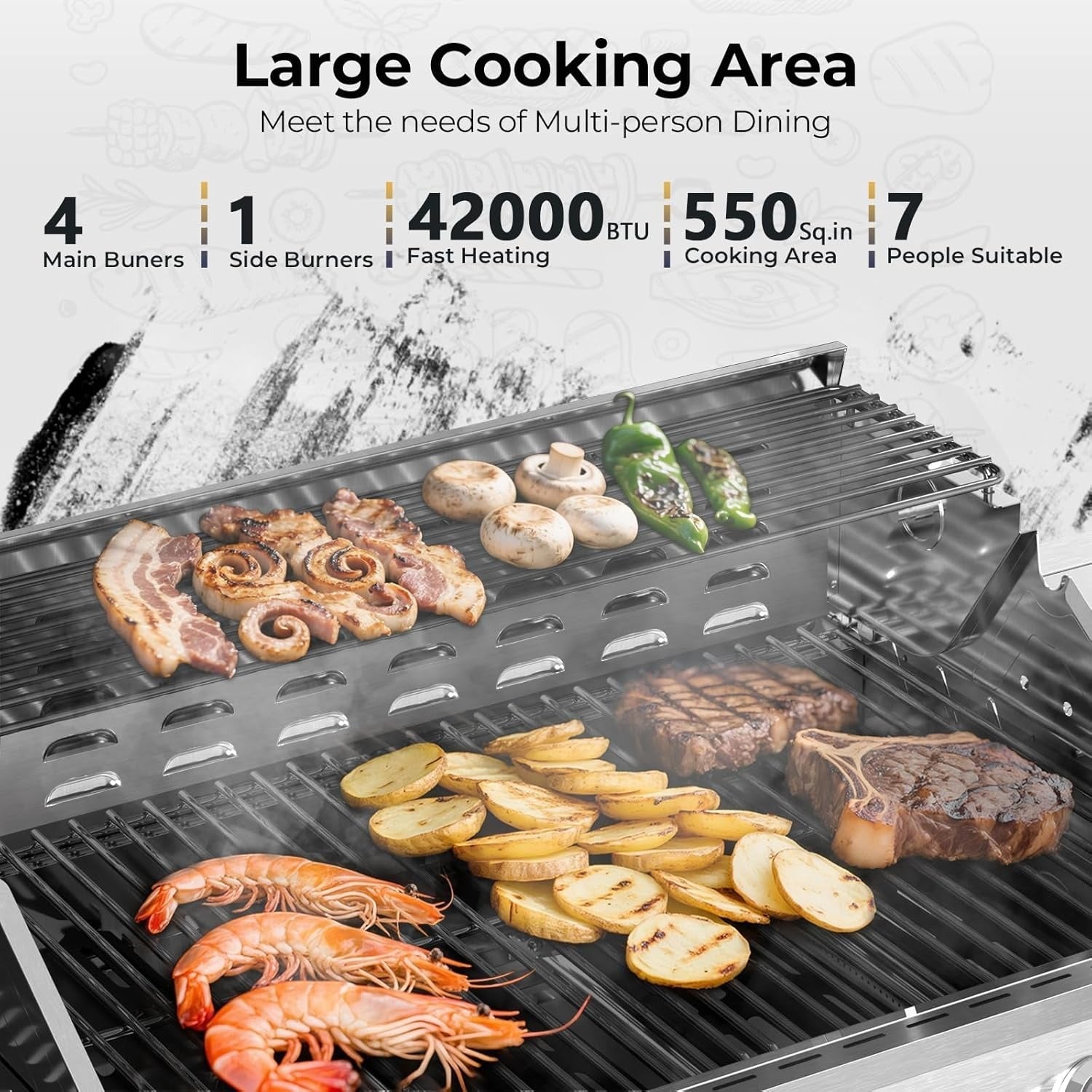 4-Burner Propane Gas Grill 304 Stainless Steel 42000 BTU with Side Burner