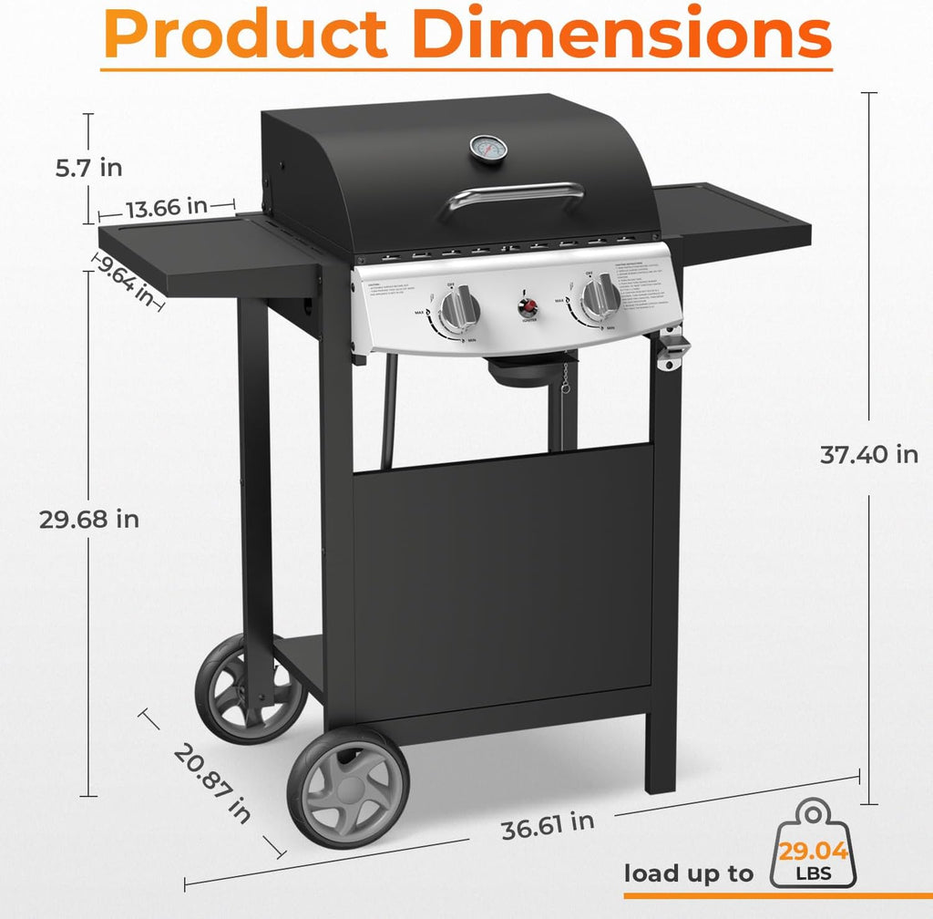2-Burner Propane Gas BBQ Grill, 20,000 BTU Stainless Steel Grill with Side Shelves and Wheels