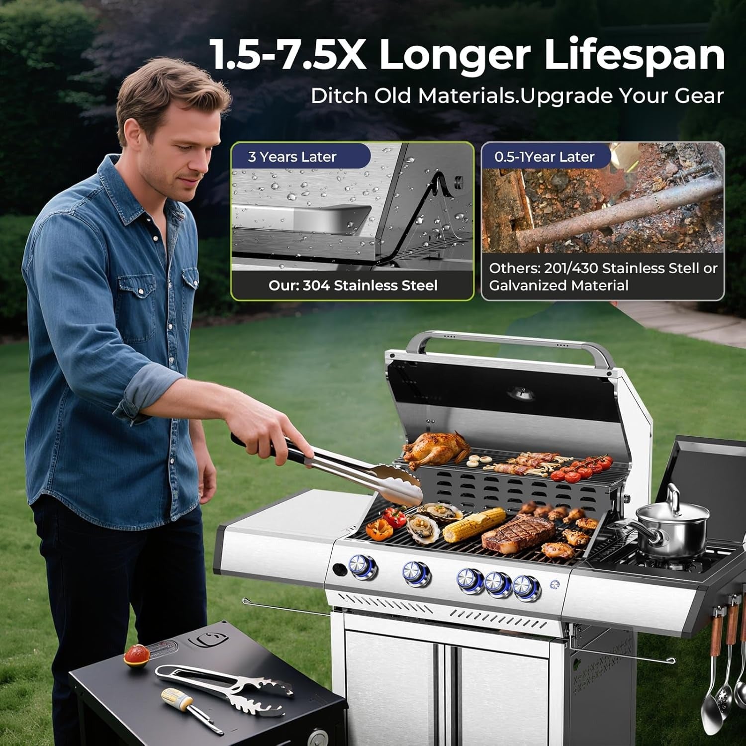 4-Burner Propane Gas Grill 304 Stainless Steel 42000 BTU with Side Burner