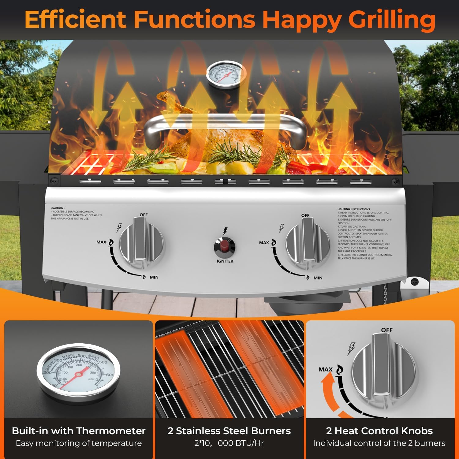 2-Burner Propane Gas BBQ Grill, 20,000 BTU Stainless Steel Grill with Side Shelves and Wheels