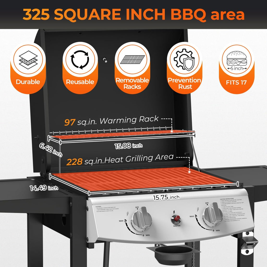2-Burner Propane Gas BBQ Grill, 20,000 BTU Stainless Steel Grill with Side Shelves and Wheels