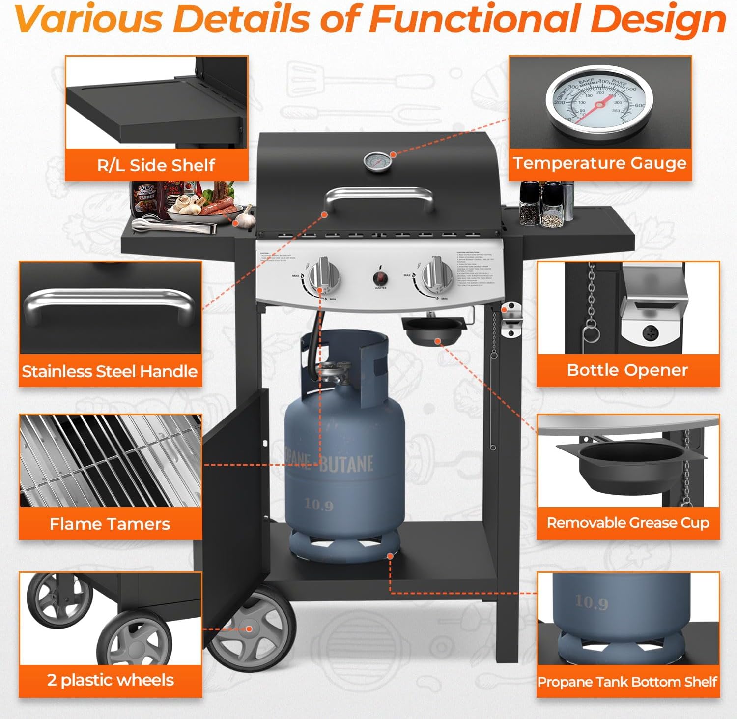 2-Burner Propane Gas BBQ Grill, 20,000 BTU Stainless Steel Grill with Side Shelves and Wheels