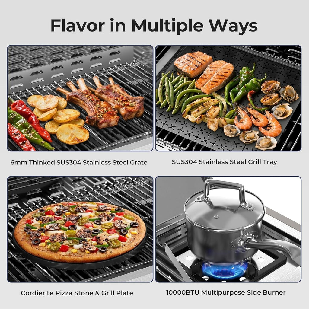 4-Burner Propane Gas Grill 304 Stainless Steel 42000 BTU with Side Burner