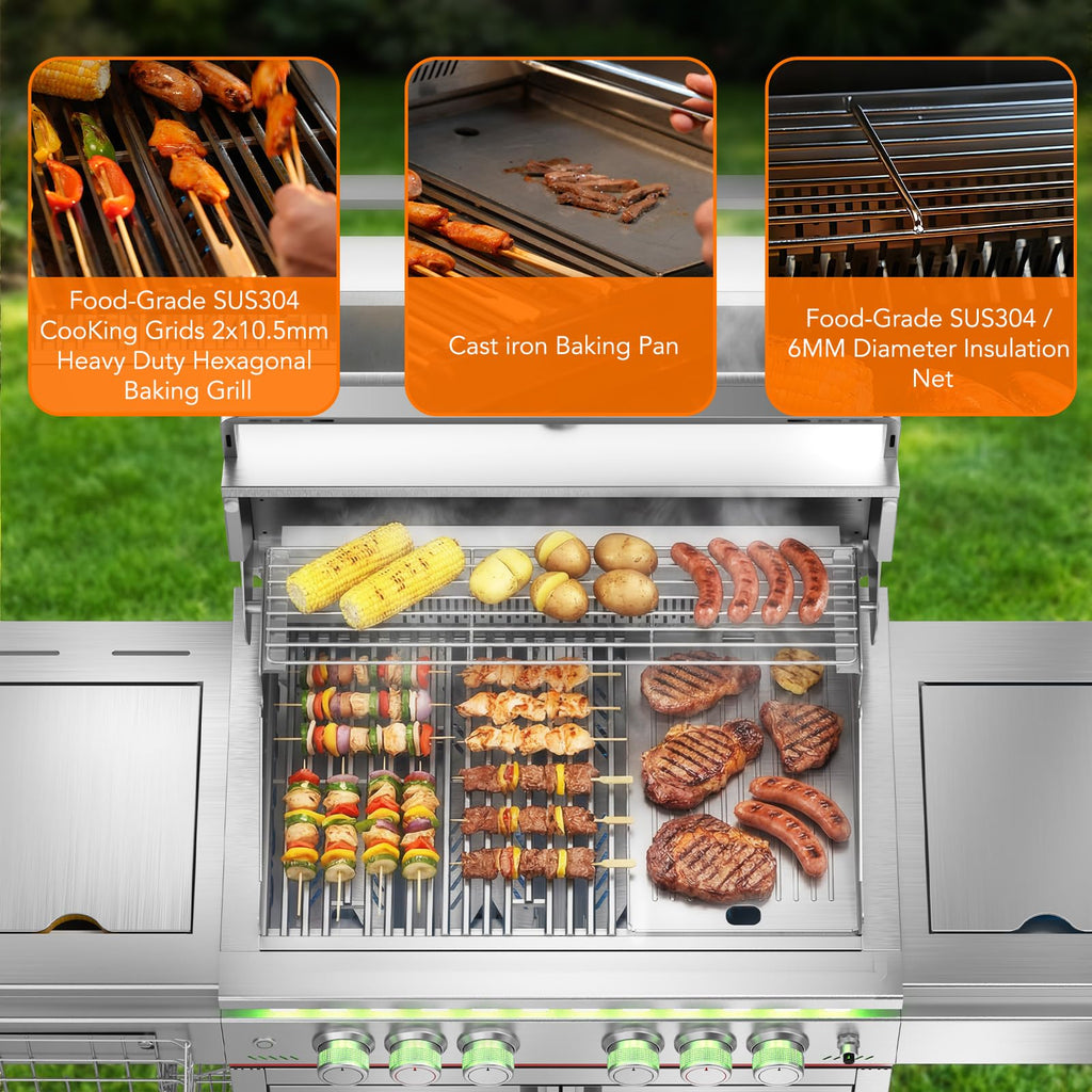 6-Burner Propane Gas Grill SUS304 Stainless Steel 52000 BTU with LED Lights