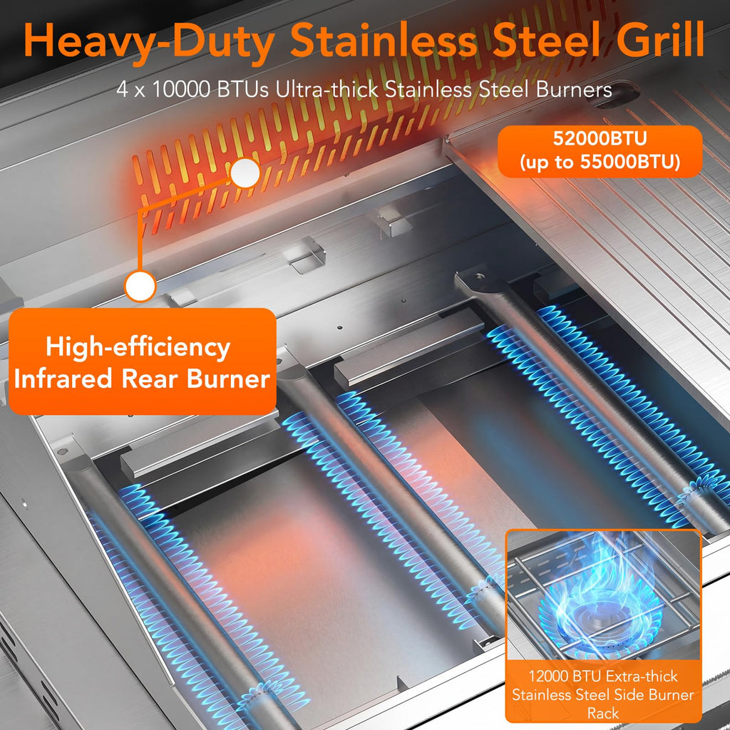 6-Burner Propane Gas Grill SUS304 Stainless Steel 52000 BTU with LED Lights